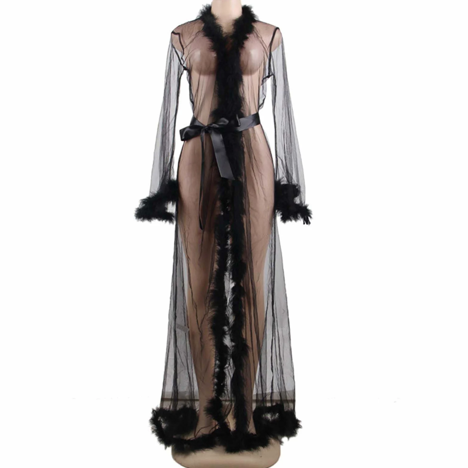 Mujer Vestido Kimono Largo Transparente Lenceria Bata de Encaje Larga Malla Camisón Pareos Cover Up Bikini Playa Encubrir Vestidos Ropa de Dormir Bata Cardigan con Cinturón,A,XL