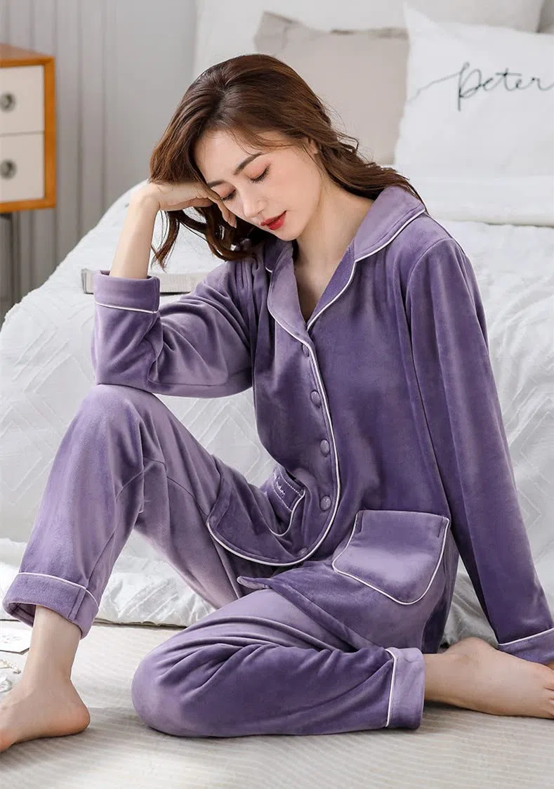 LUBOSE Conjunto de pijama de franela para mujer, ropa de descanso, 2 piezas, pijama térmico con botones, 3XL, morado
