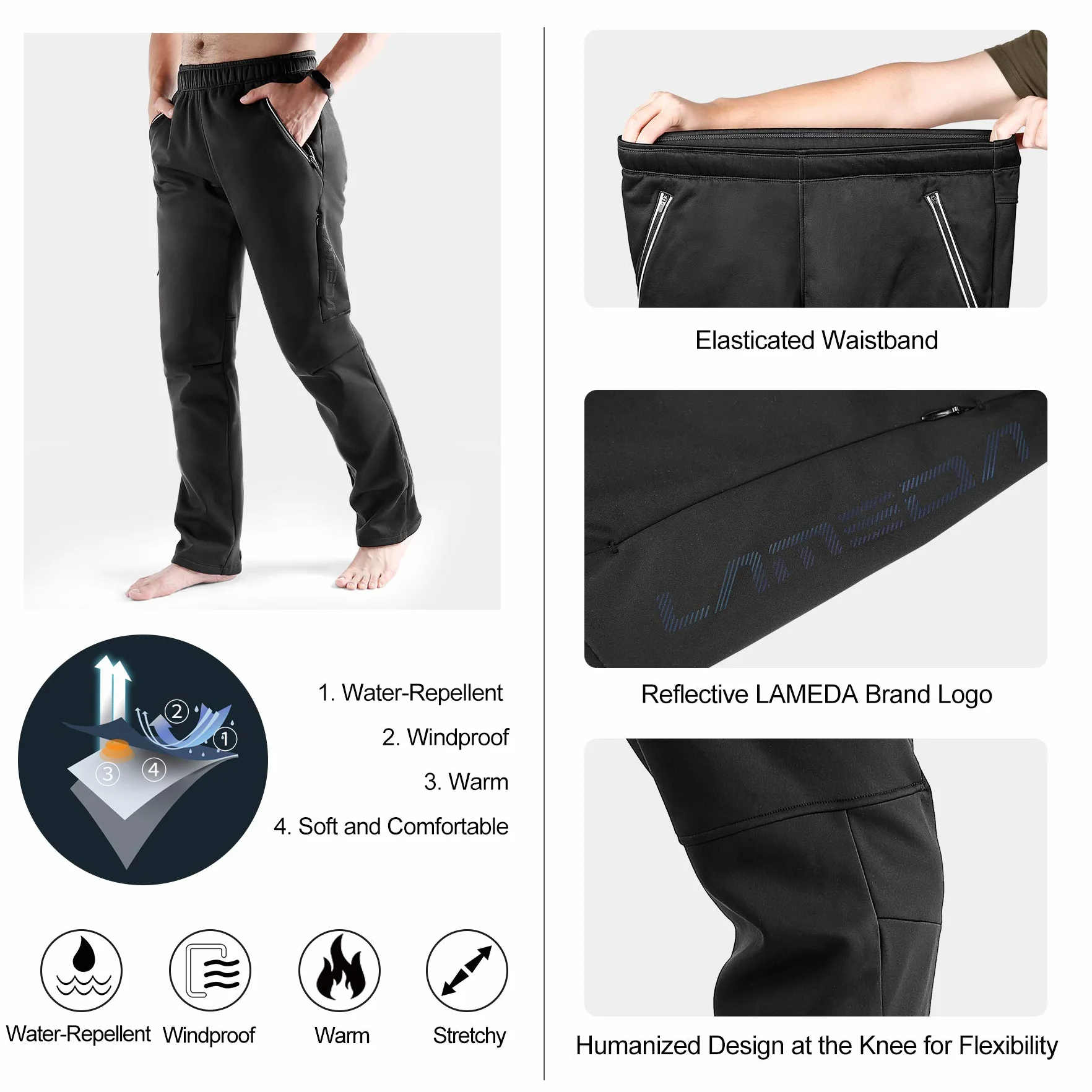 LAMEDA Pantalones Largos Hombre Invierno Cortavientos Térmicos Elásticos Forro Polar Ciclismo Repele Agua