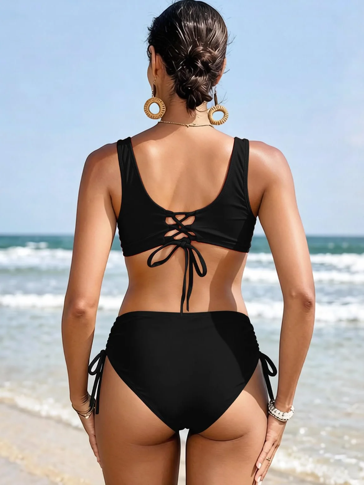 Bikini de Dos Piezas Cintura Alta Push up V-Cuello Control Abdominal