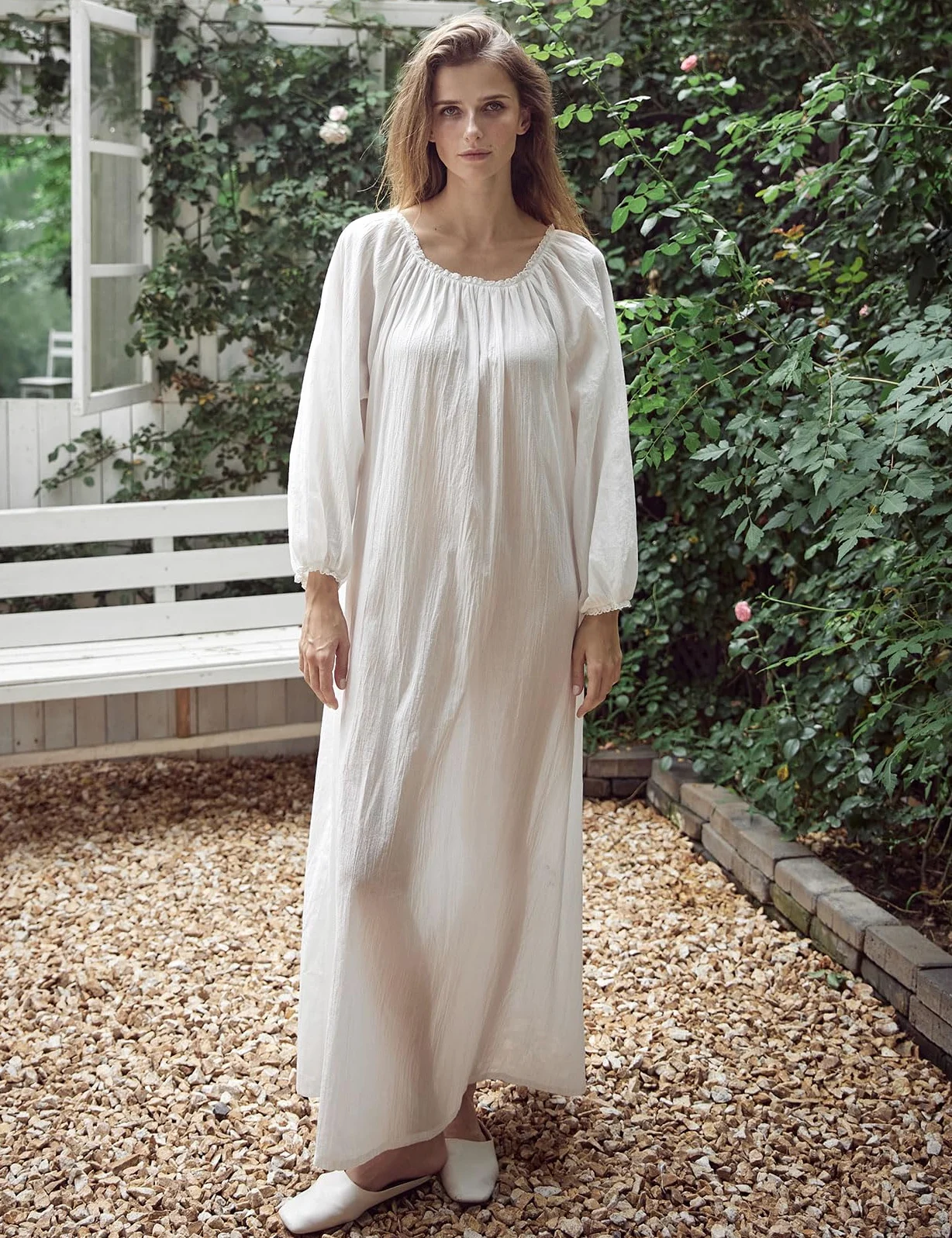 BEAUTELICATE Camisón Victoriano de Algodón Muselina para Mujer con Detalles de Encaje Manga Larga Suave y Holgado Blanco
