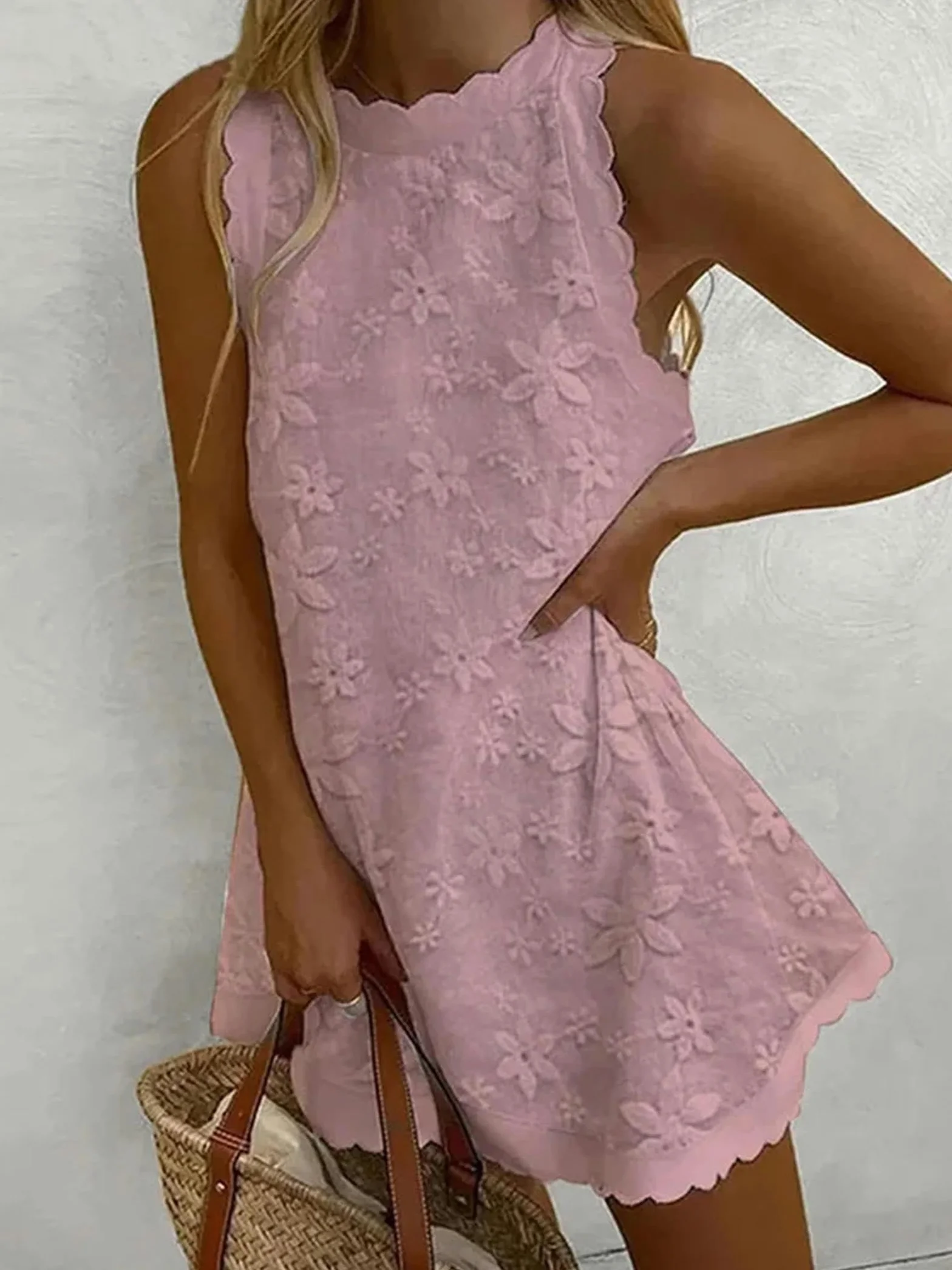 Vestido para Mujer Vestido Sin Mangas para Mujeres Elegante Cuello Redondo Y Suelto Elegante Mini Vestido De Encaje Vestido