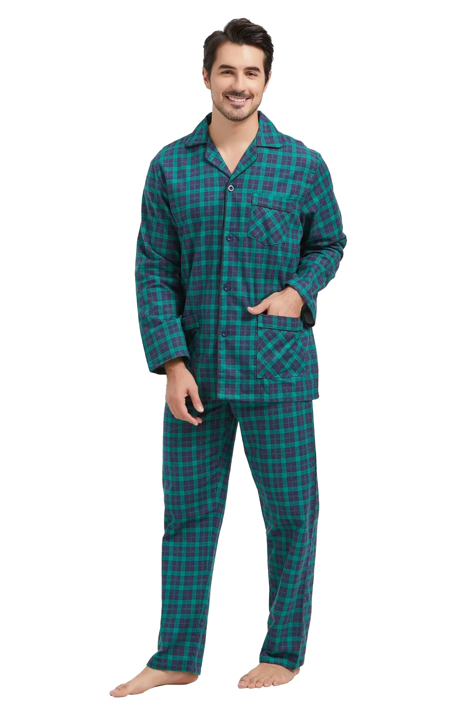Amaxer Pijama de Dos Piezas Hombre, Conjunto de Pijama de Franela de algodón 100%, Ropa de Dormir para Hombre, Top de Manga Larga con Bolsillos, Pantalones de Pijama con cordón