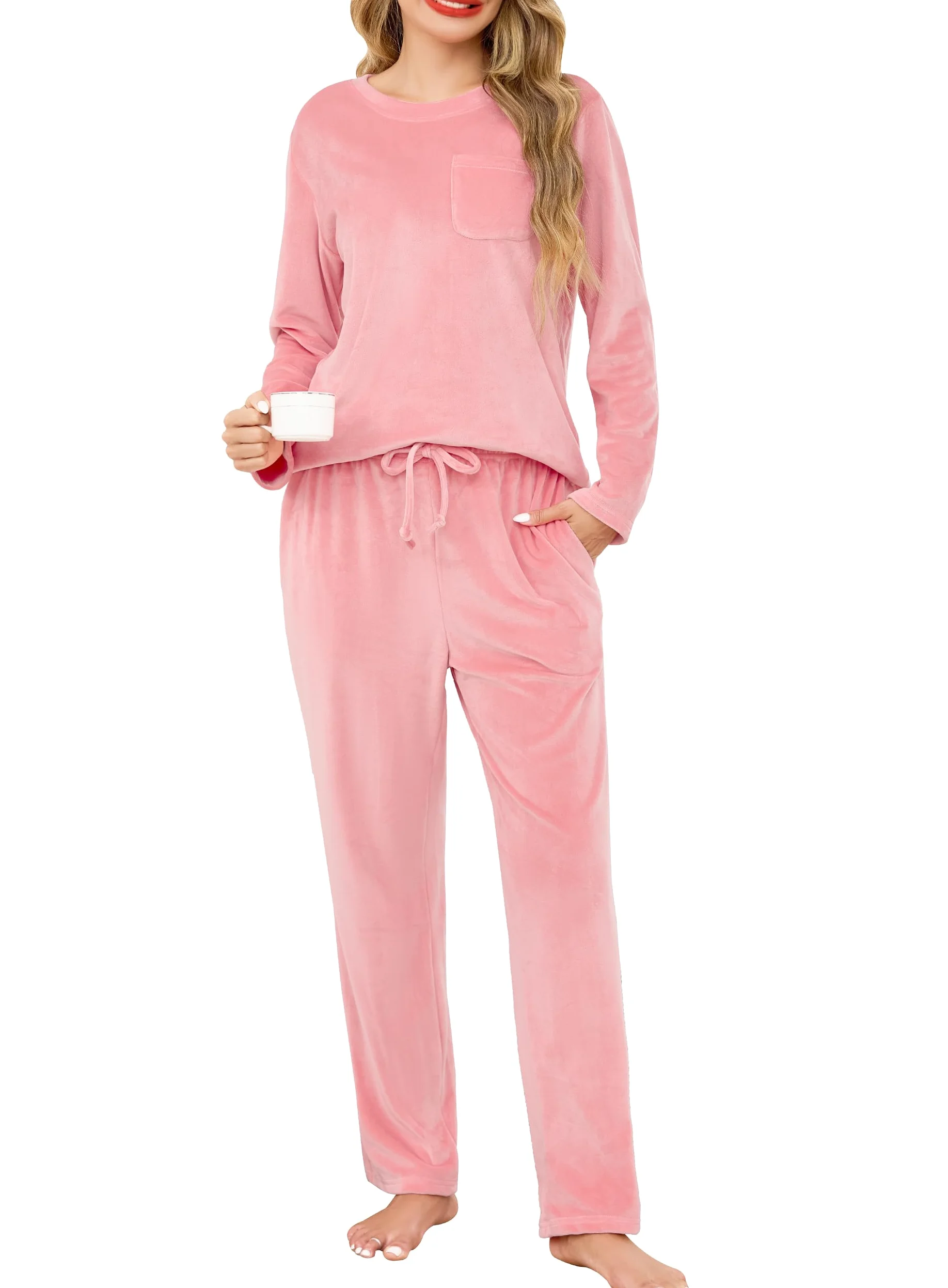 Lovasy Pijamas Mujer Invierno Polar Felpa Fina y Suave Conjunto de Pijama Cálido Largo con Bolsillos