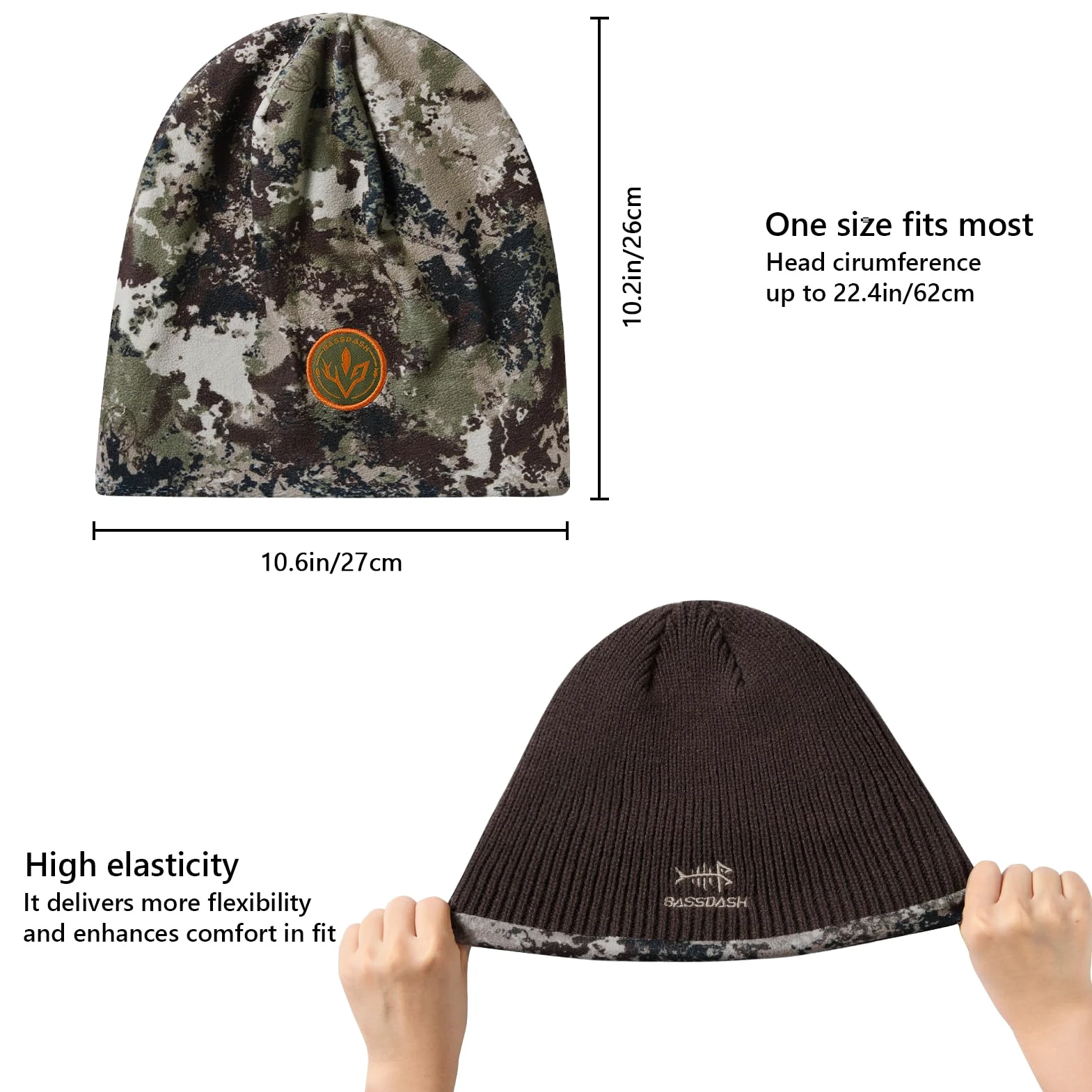 Bassdash Gorro de Invierno de Polar Resistente al Viento y Reversible, Caliente y Grueso, Ajuste Elástico para Hombres y Mujeres, Sombrero de Pescador Unisex con Borde Ajustable