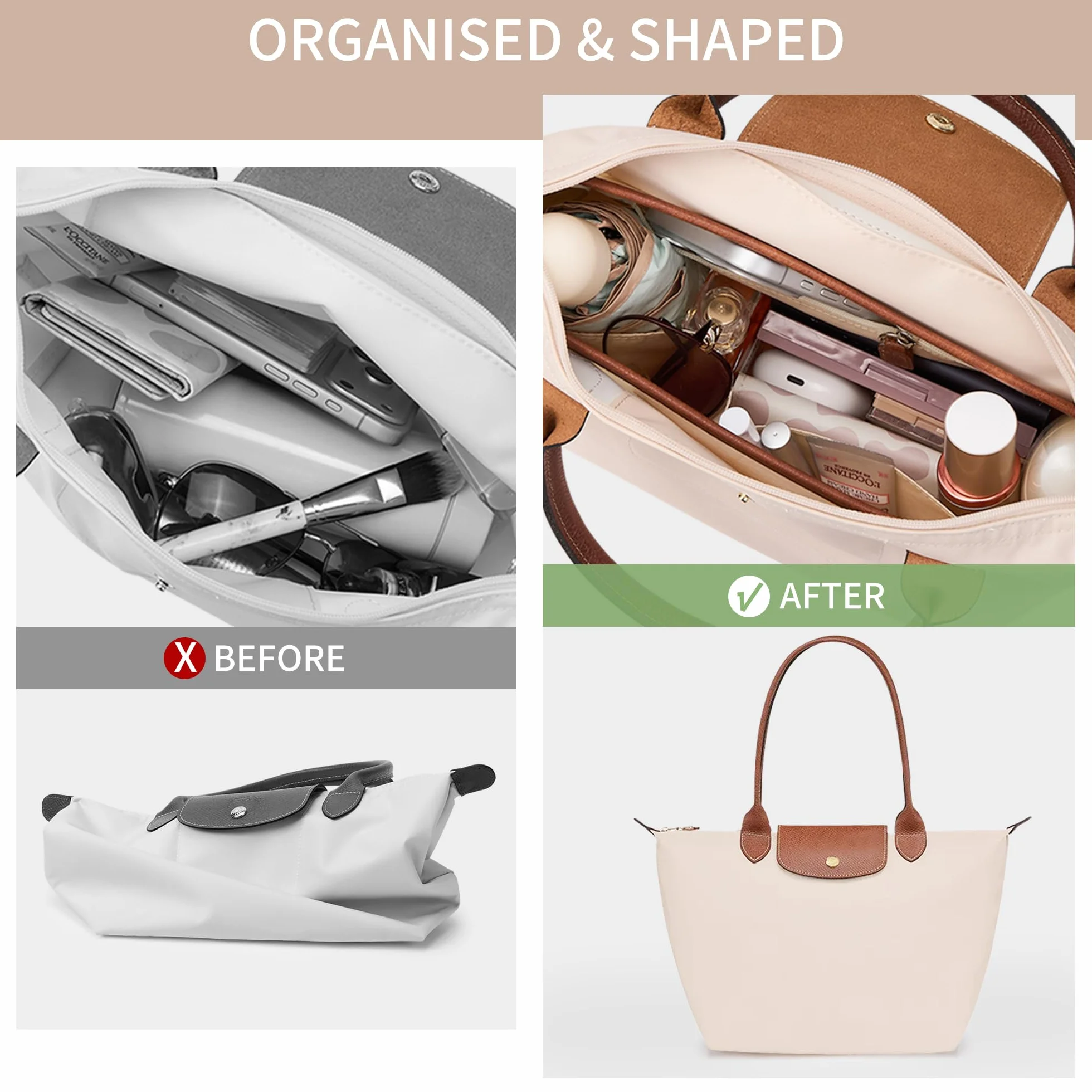 KALIDI Organizador de Bolso Inserto para Longchamp Le Pliage S Xtra, Funda Ultraligera Impermeable con Divisores Internos Mejorada para Bolso de Mano de Mujer, Blanco Pequeño