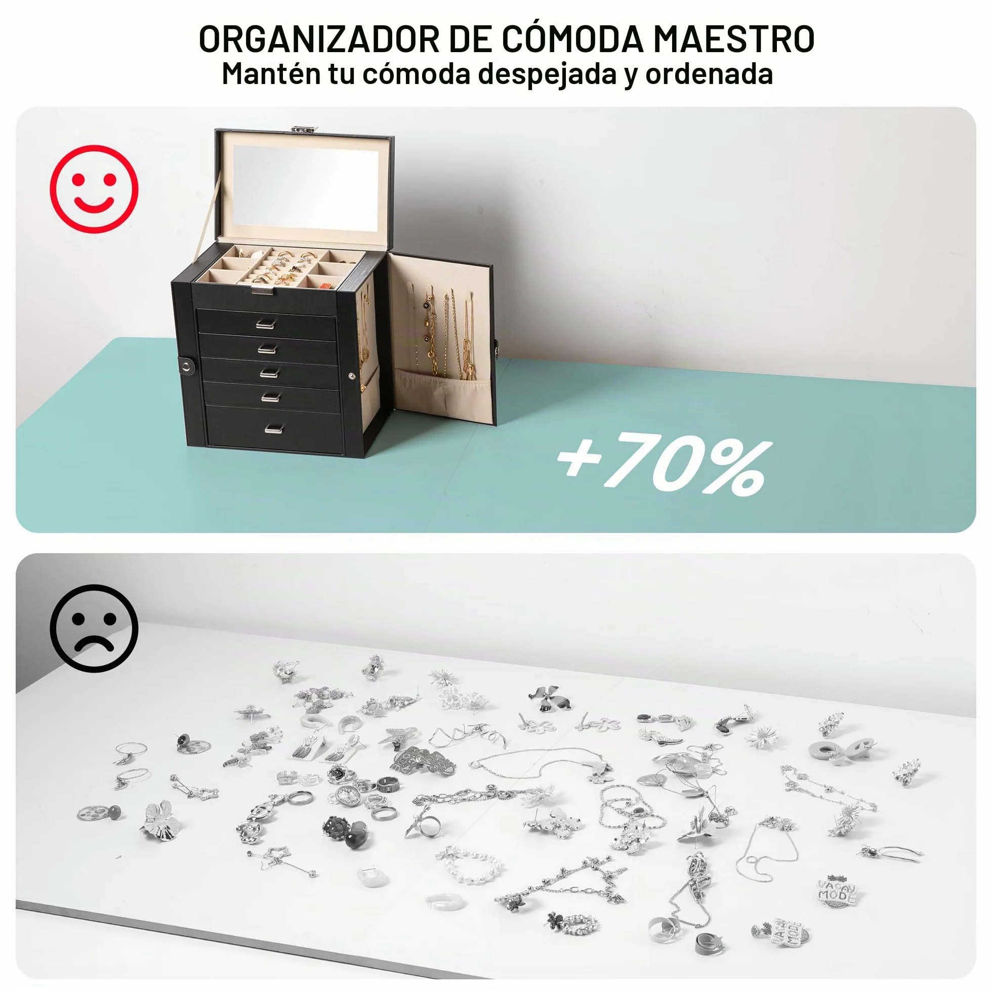 Frebeauty Caja de joyería grande 6 niveles cuero sintético con cerradura espejo organizador joyas Negro