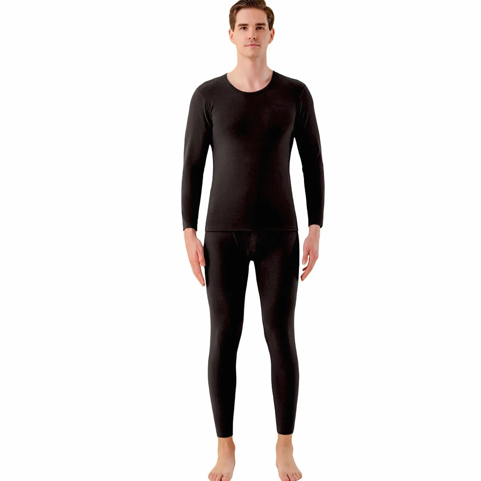 Generisch Pijama corto para hombre con cuello redondo y cuello alto, conjunto de ropa interior de invierno, manga larga gruesa y pantalones largos, túnica para hombre