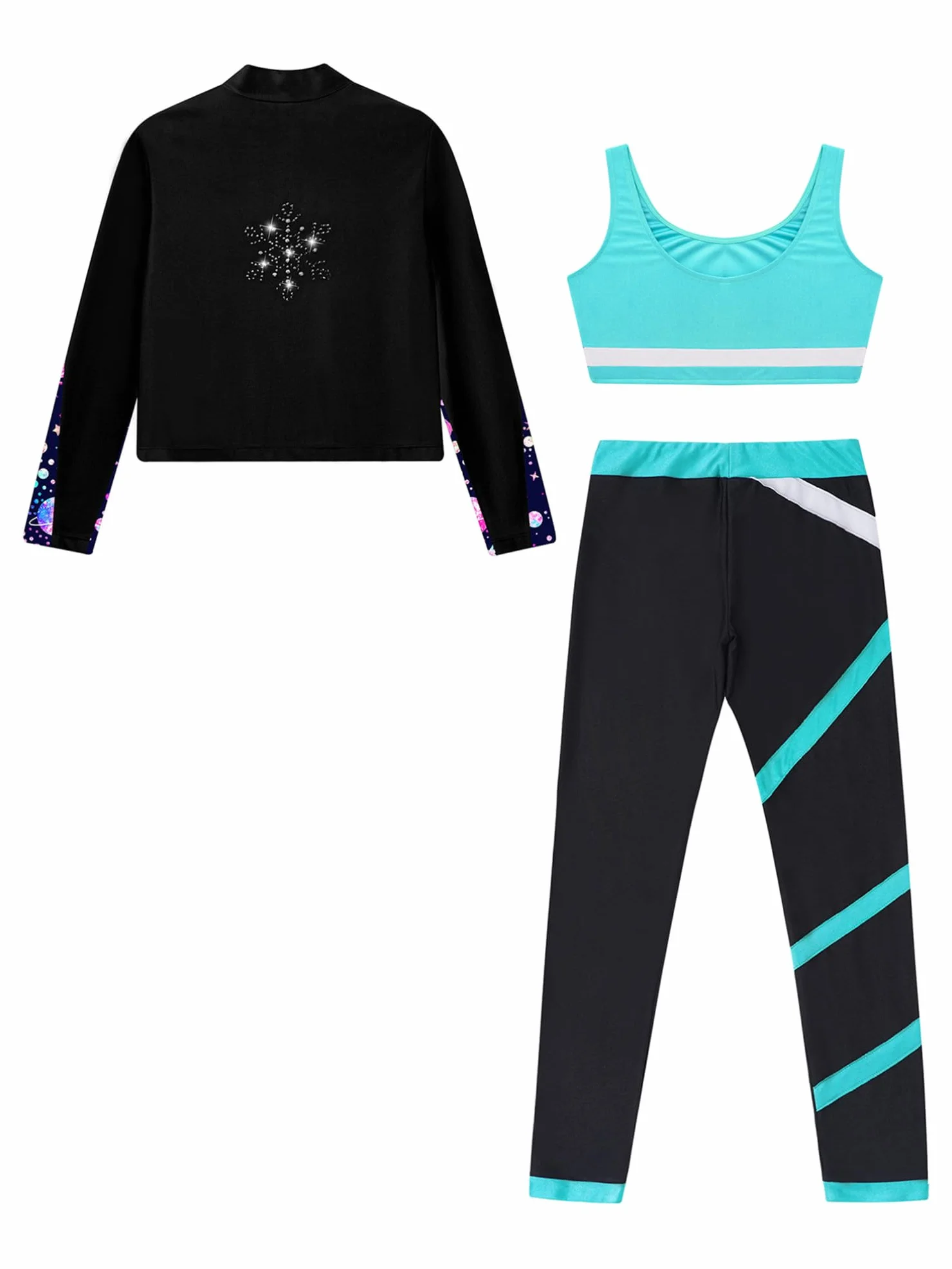 TiaoBug Conjunto Deportivo Para Niñas Chaqueta Manga Larga + Chaleco Sin Mangas + Leggings Traje De Gimnasia Rítmica Entrenamiento Azul verde 11-12 años