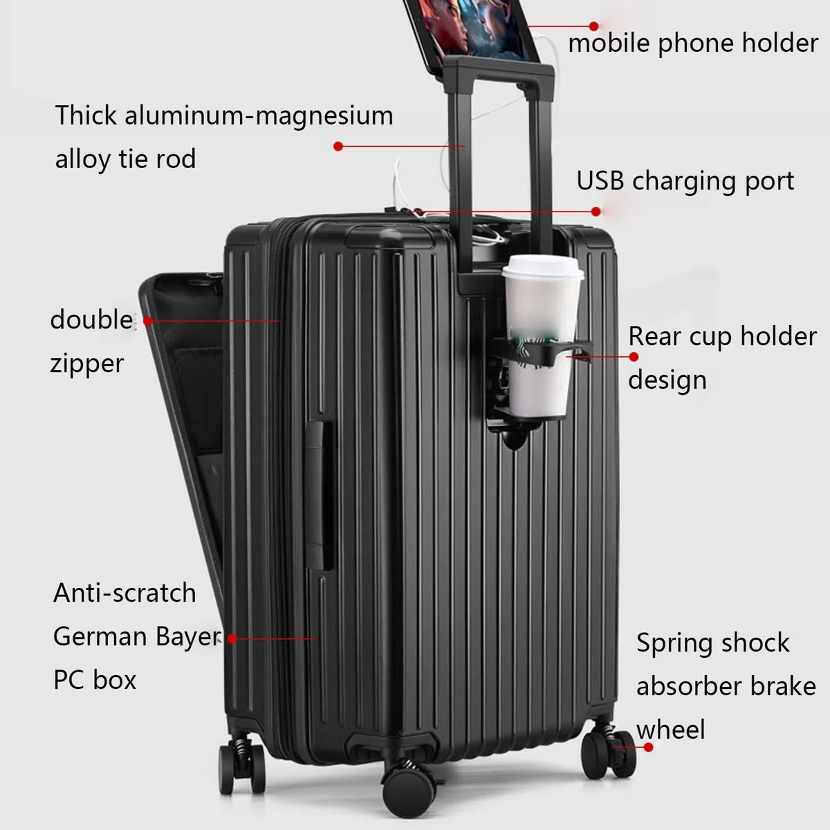 Maletas con Ruedas, Equipaje de Mano con Compartimento para computadora portátil, Equipaje Giratorio expandible, con Puerto de Carga USB, Gran Capacidad, Apertura Frontal, 20 pulga