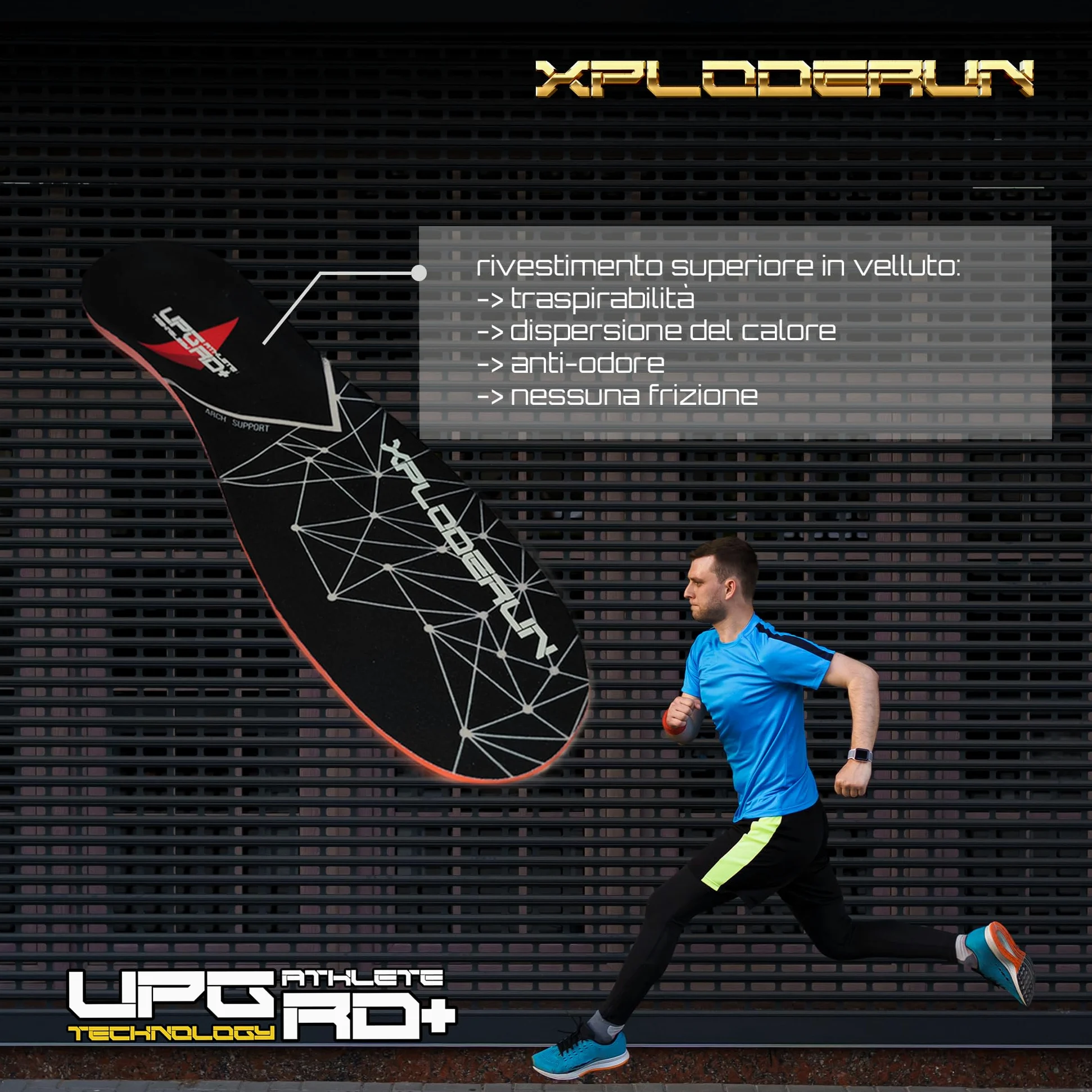 Plantillas ortopédicas de carrera profesionales XplodeRun con tecnología FlexRun, revestimiento superior de terciopelo antiolor, gel Soft Pad (par)