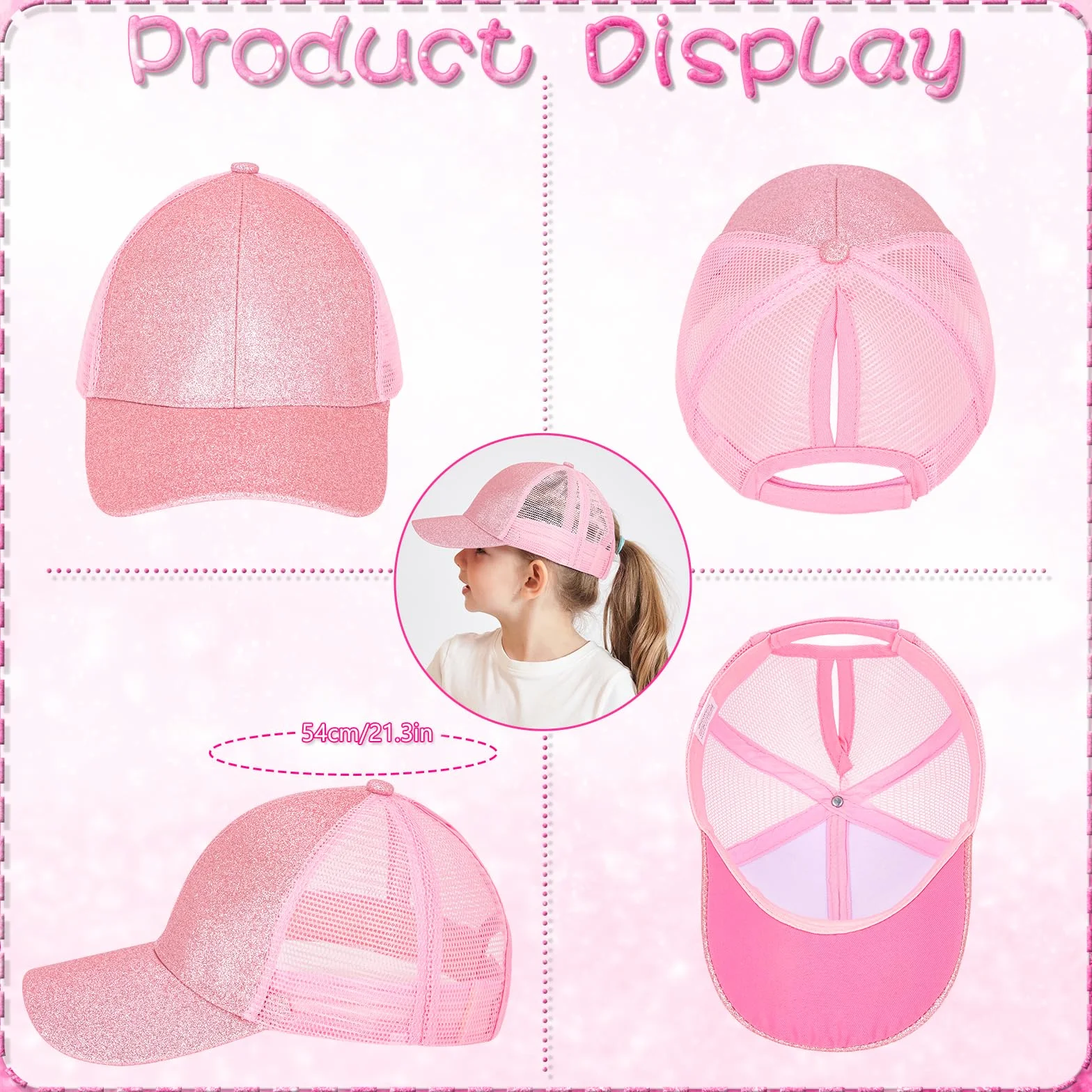 Gorra de Béisbol para Niña Cola de Caballo Ajustable Malla Gafas de Sol Verano Purpurina Rosa