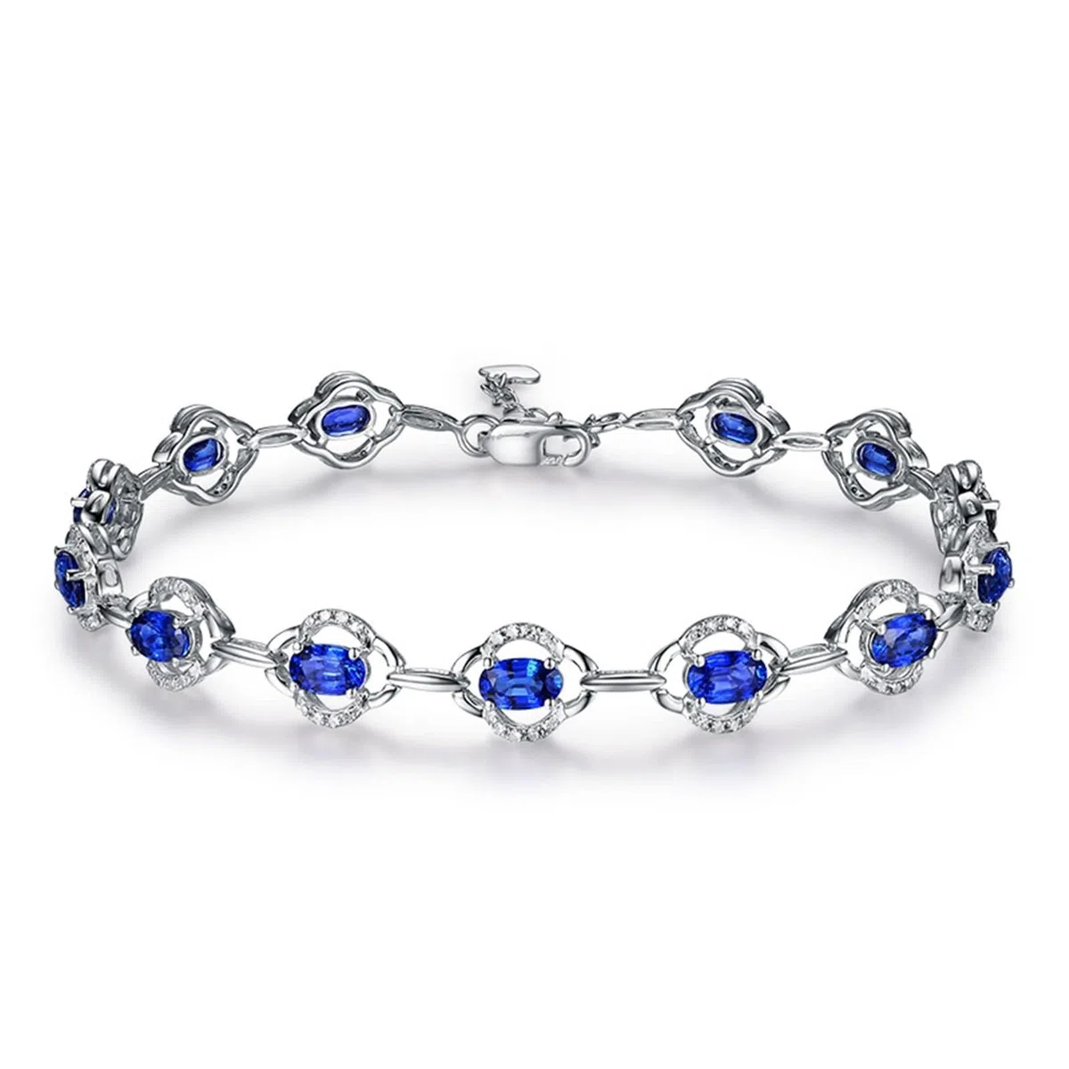 Pulseras Mujer de Oro Blanco 9K / 14K / 18K, Hueco y Oval con Zafiro y Diamante, Cadena Extensible 16 CM + 5 CM, Pulseras de Ajustable Mujer de Plata Azul