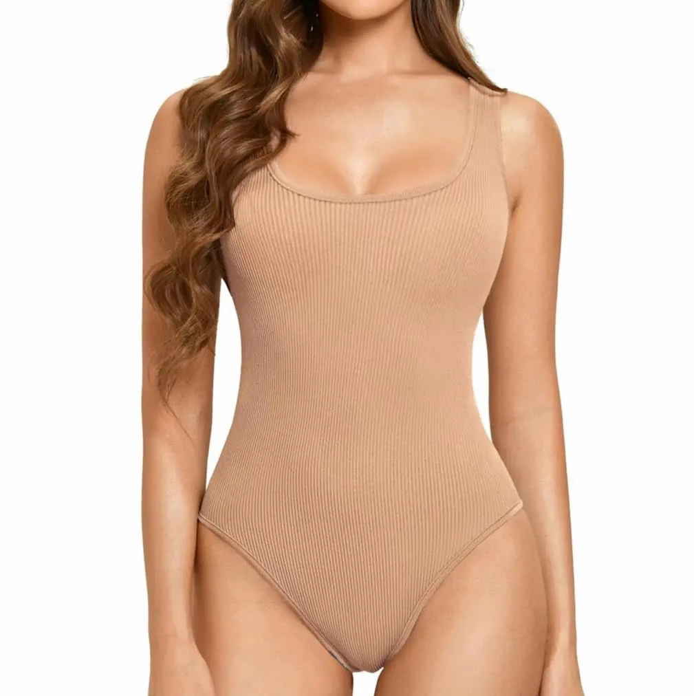Dninmim Body de cuello redondo para mujer, sexy, sin mangas, acanalado, moldeador, color liso, camiseta sin mangas