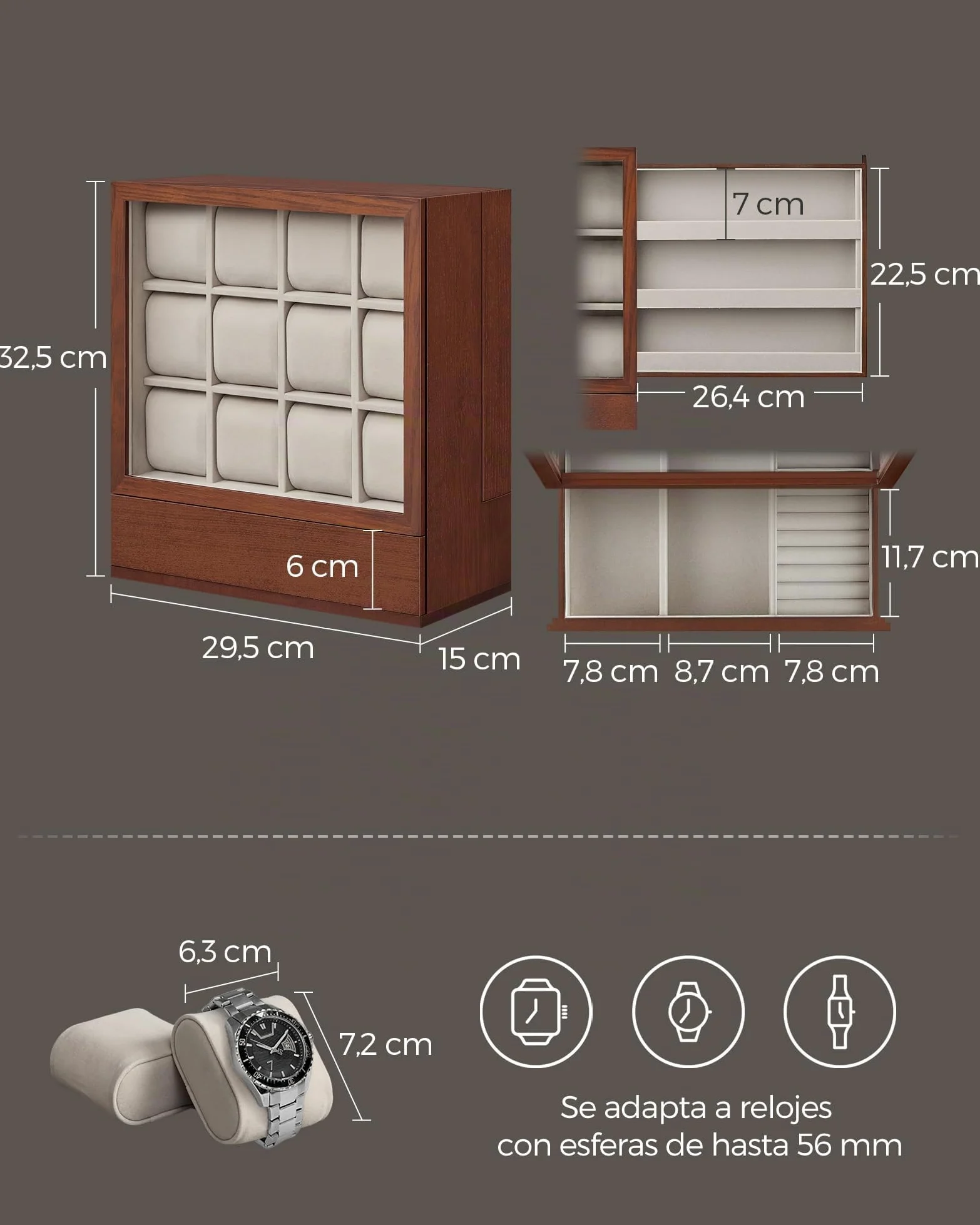 SONGMICS JOW014K01 Caja de relojes con 12 cajones, caja de reloj de madera con ventana, gabinete de exhibición de madera de chapa maciza, almacenamiento vertical, ahorro de espacio, idea