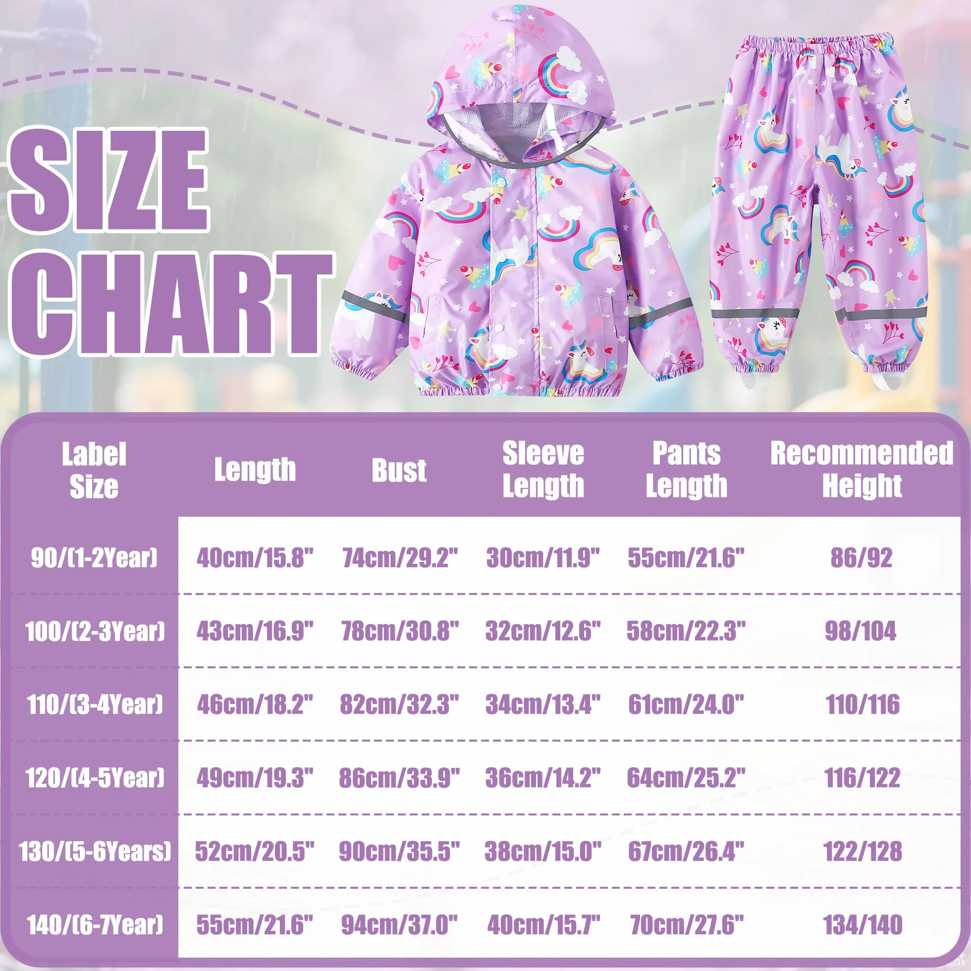 Traje de Lluvia Impermeable para Niñas, Conjunto de Chaqueta y Pantalón de Lluvia Ligero, Exteriores Impermeables Unicornio Abrigos con Capucha, Antiviento Chubasquero para 1-7 años