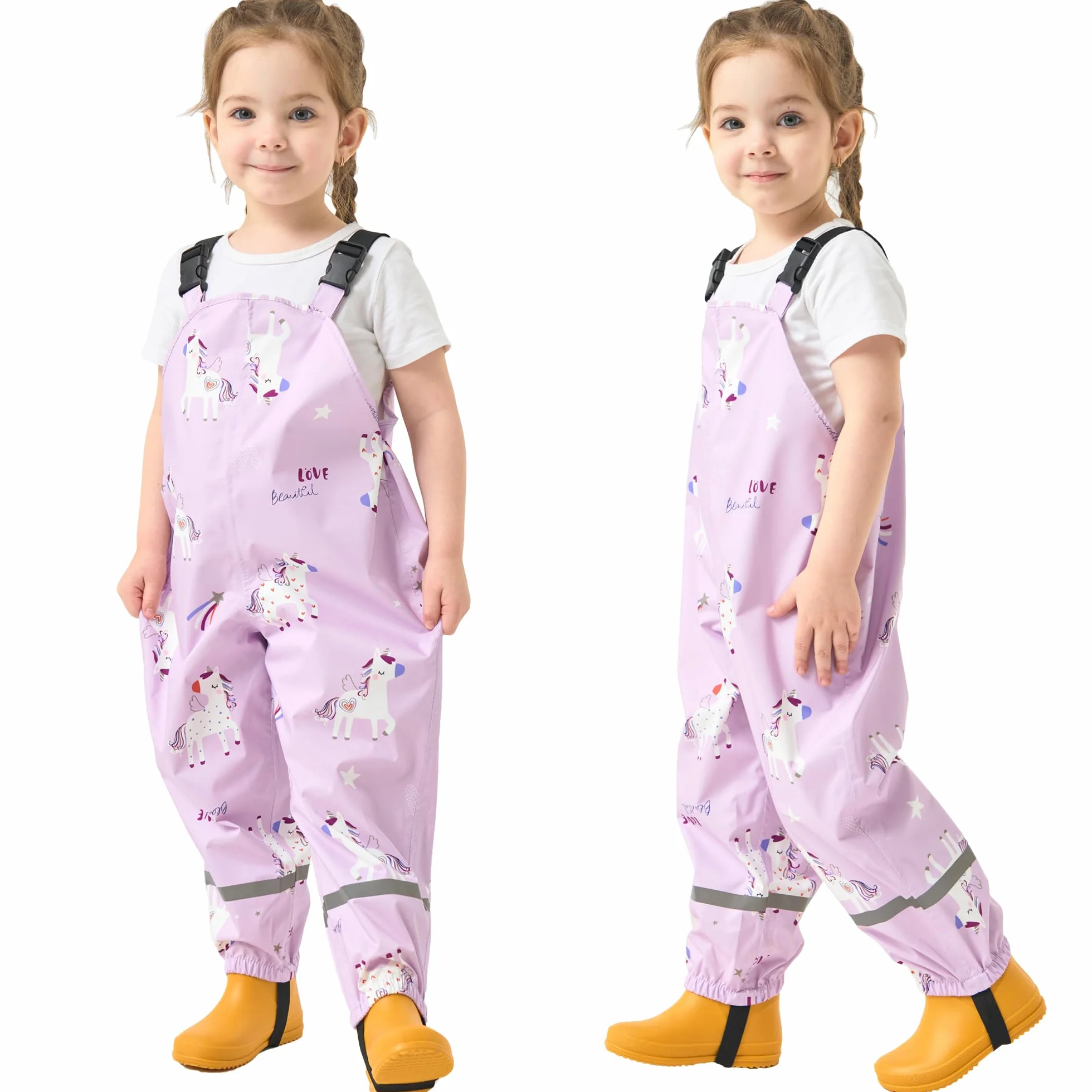 Fewlby Pantalon Impermeable Niñas, Pantalones Barro Peto de Lluvia Niños Mono Impermeable con Tiras Reflectantes Chubasquero Outdoor Traje Impermeable