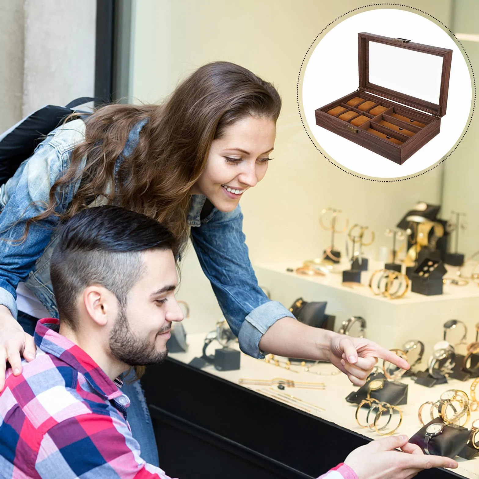 UKCOCO Caja de Madera para Relojes y Gafas Organizador con Compartimentos para Relojes y Gafas Diseño Retro y Funcional para Exhibición y Almacenamiento Seguro