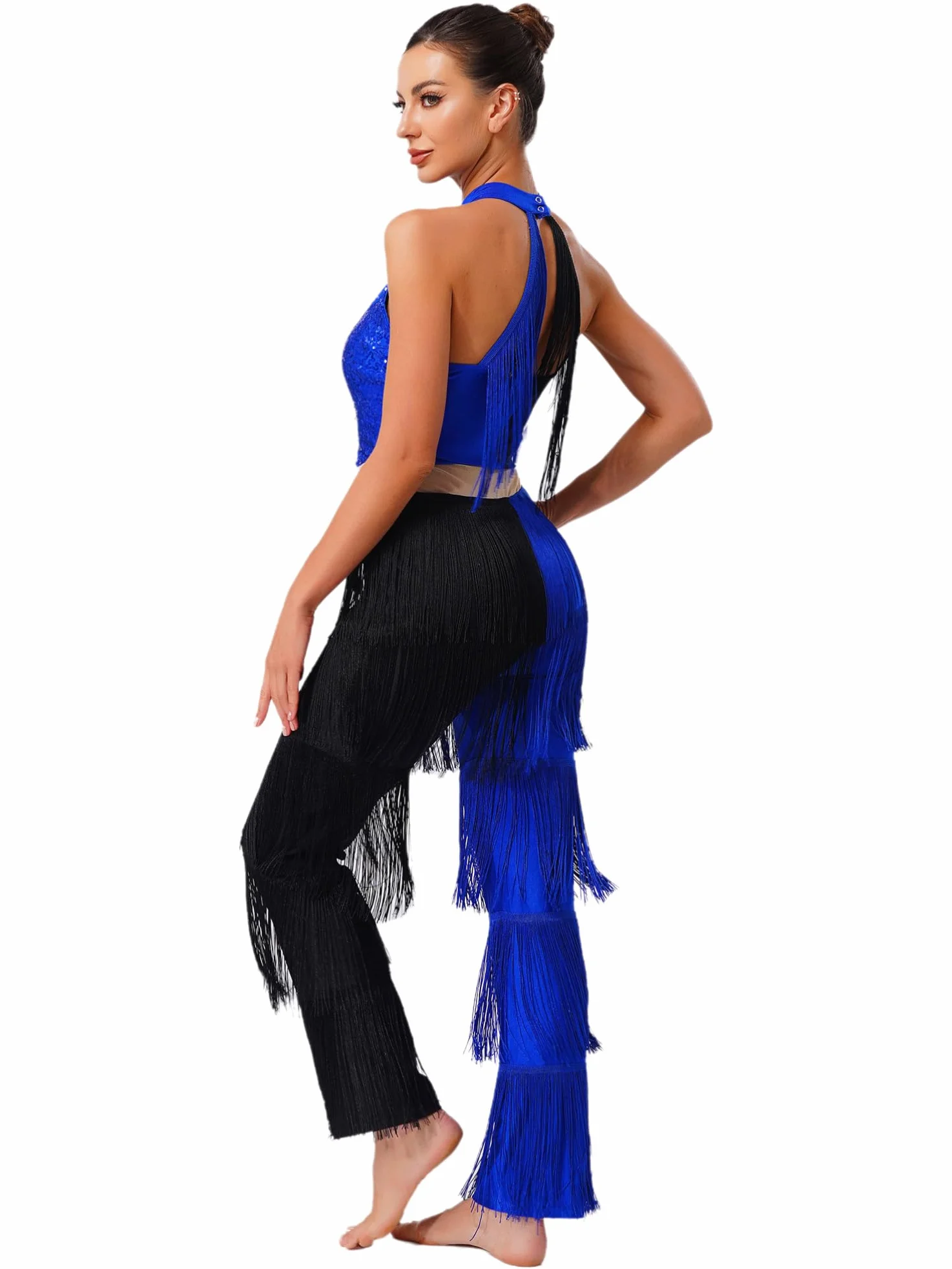 Mono Lentejuelas Baile Latino Jazz Con Flecos Mujer Mameluco Hippie Sin Mangas Disfraz Discoteca