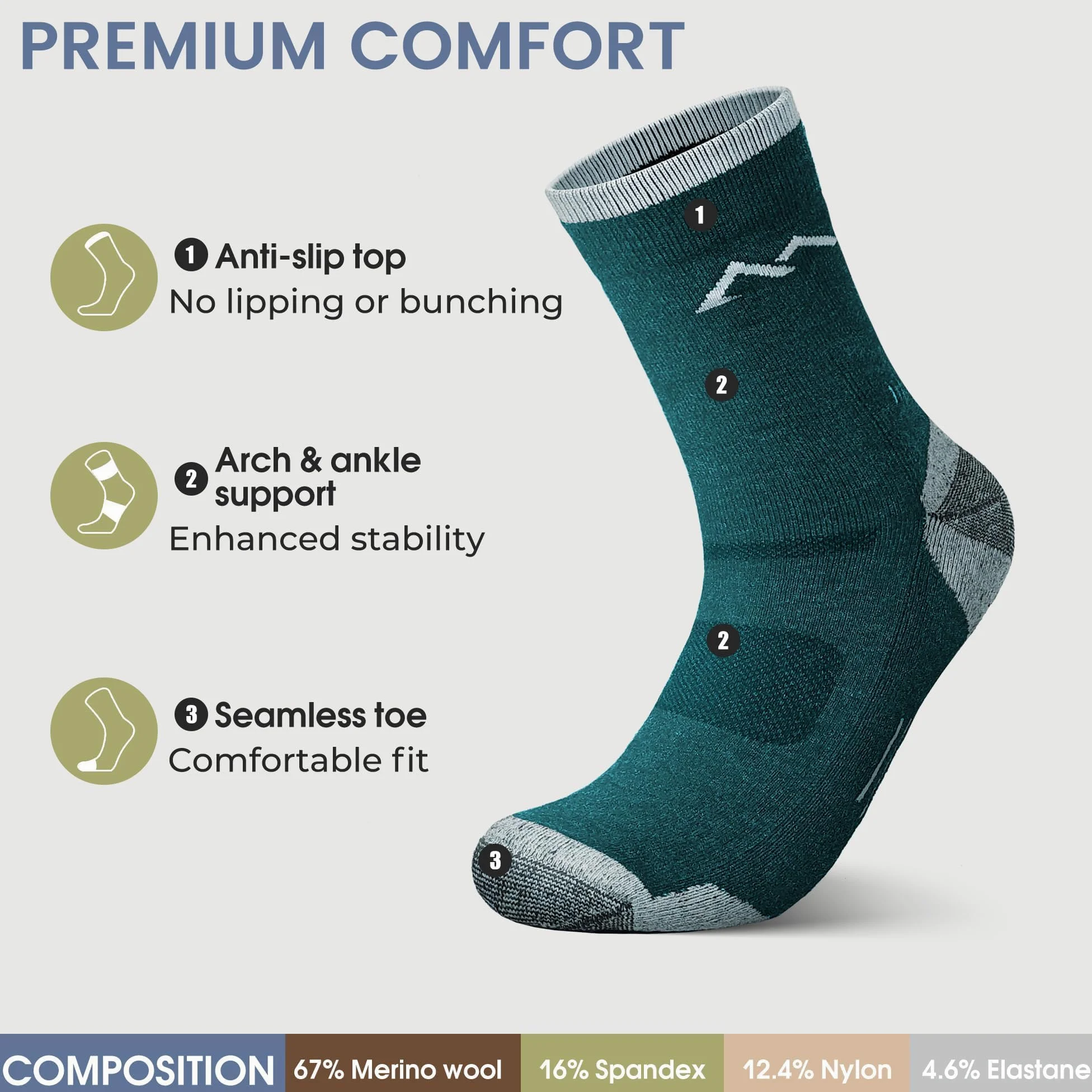 innotree Paquete de 3 calcetines de senderismo de lana merino para hombre, acolchados con micro tripulación, calcetines térmicos que absorben la humedad