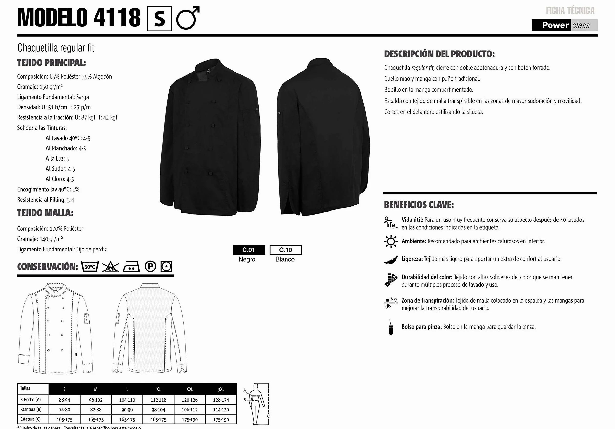 Chaquetilla Cocinero Hombre de Manga Larga con botón Forrado. Ropa Cocina/Hostelería. Ref: 4118. Disfruta de la Excelencia