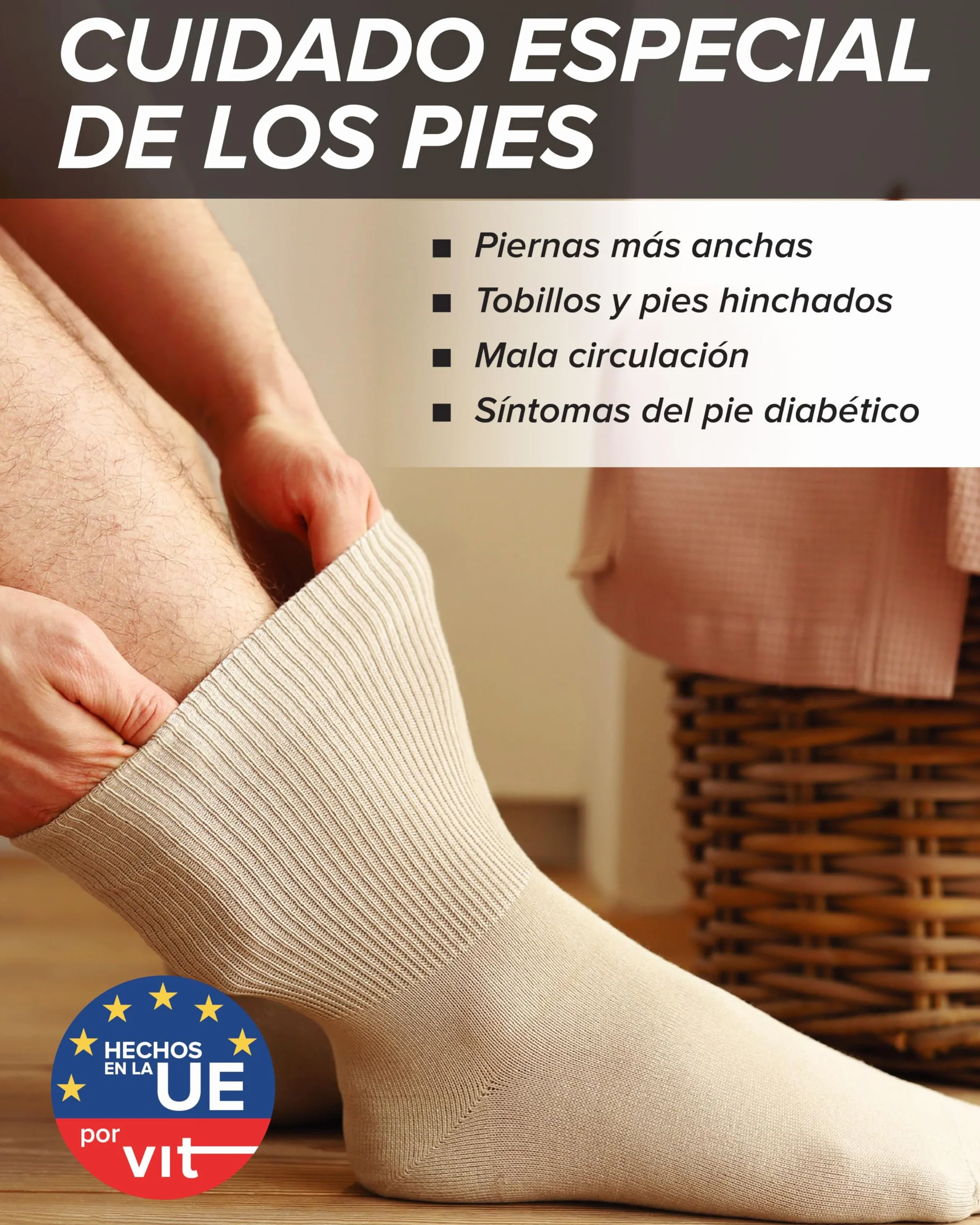 vitsocks Hombre Calcetines Extra Anchos No Aprietan Diabéticos (3 PARES) Sin Goma Antipresión Pies Hinchados Diabetes