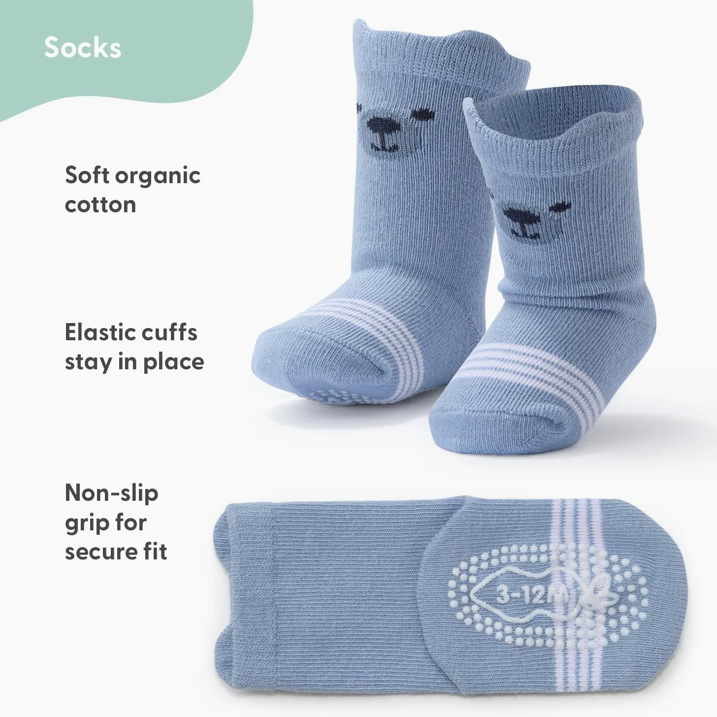 The Peanutshell Calcetines orgánicos para bebés de 3 a 12, 12 a 24 meses, agarre antideslizante, 100 % algodón, color azul, gris, Multicolor, 0-3 Months