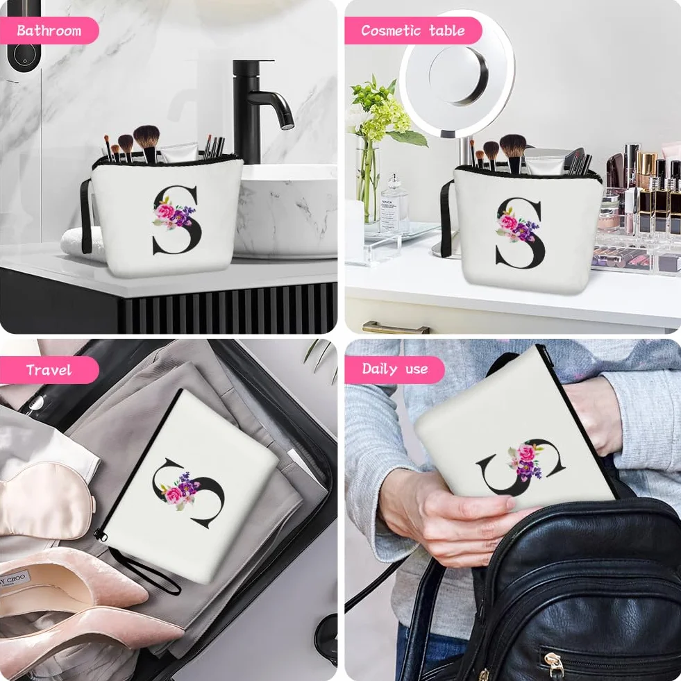 Aucuu Neceser Maquillaje Mujer, Neceser Mujer Personalizado, Bolsa de Cosméticos de Lona de Letras Impresas, Neceser de Viaje Portátil para Viajes, Almacenamiento (Letra S)