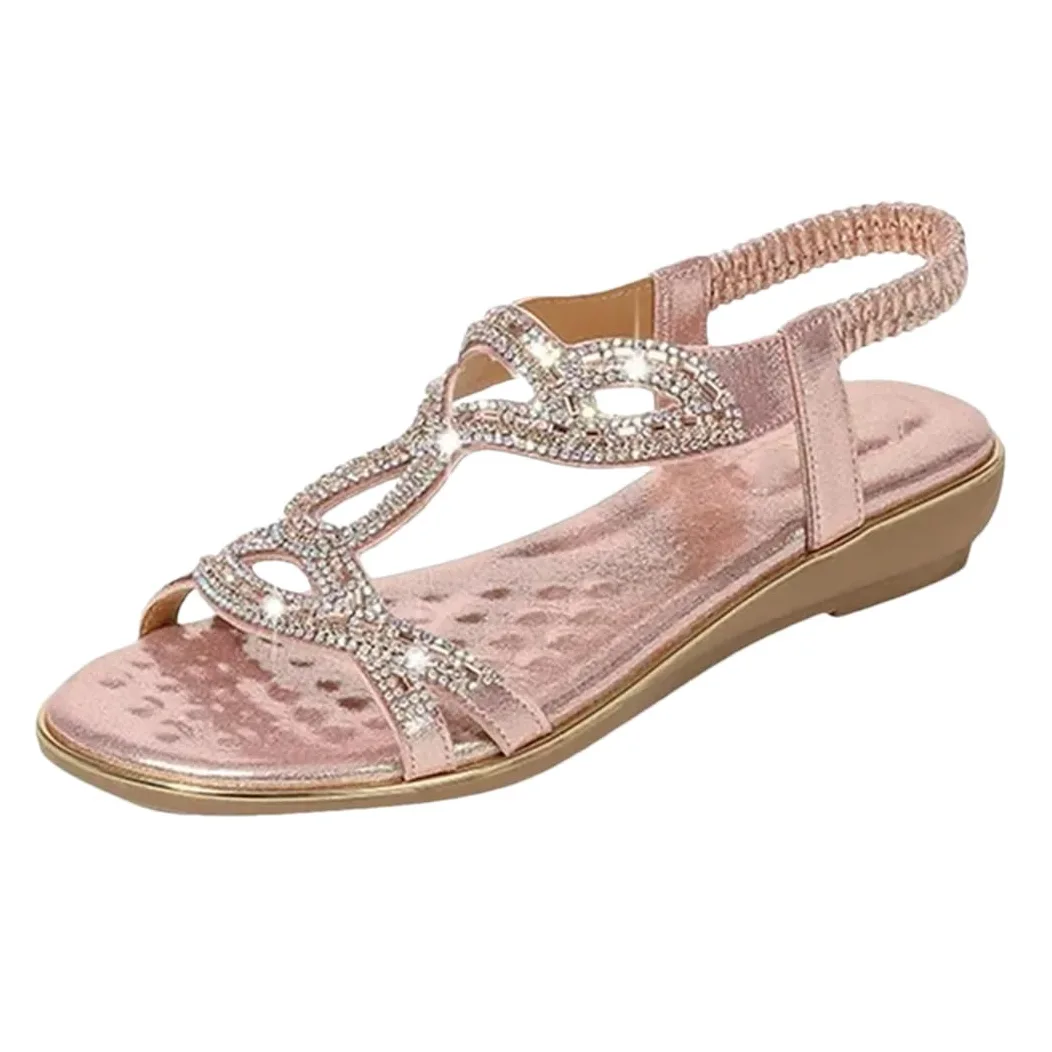 Sandalias básicas de poliuretano con diamantes de imitación para mujer, con banda elástica frontal y correa trasera, tacón de cuña, parte superior de poliuretano, sandalias de verano bohemias