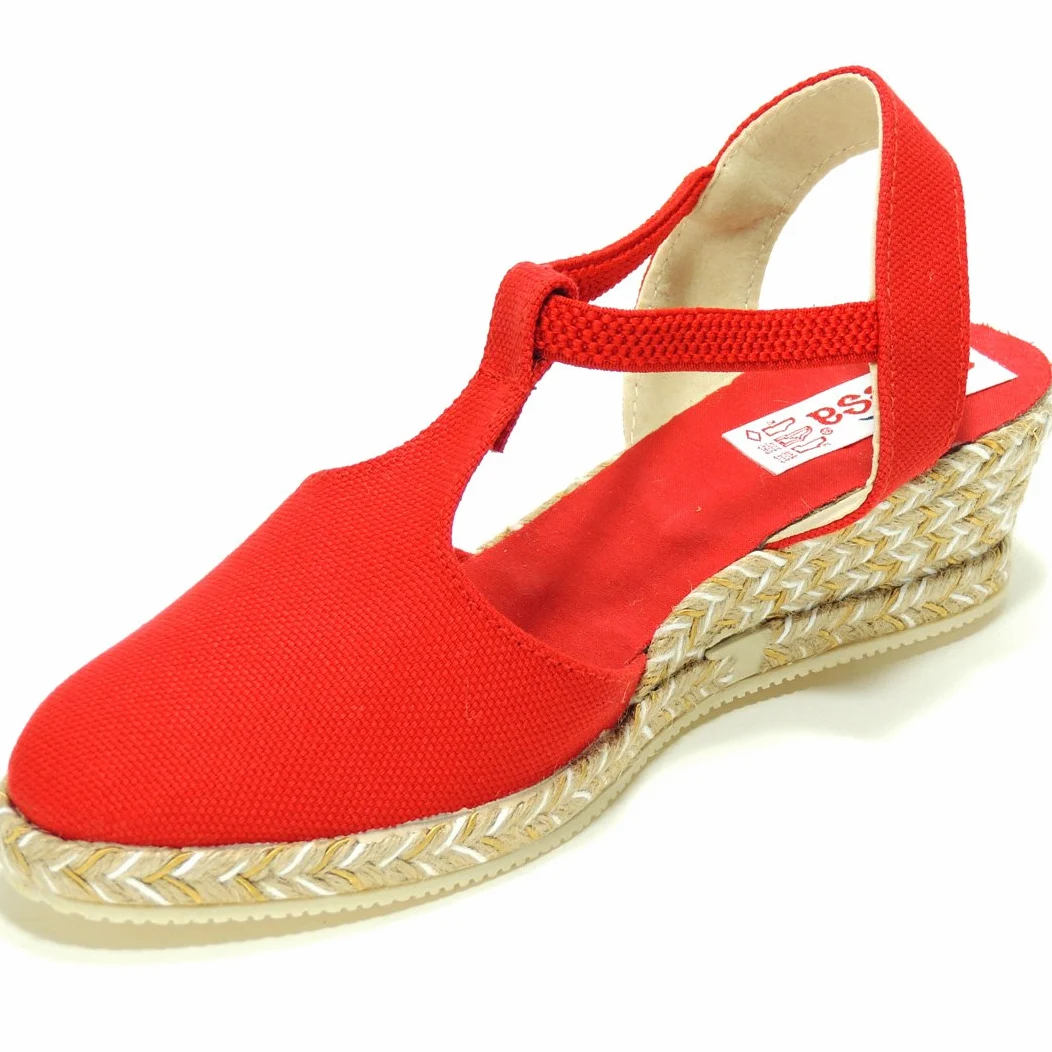 Alpargatas Valencianas Zapatillas para Mujer. Marca ANVESA 419. Cuña de Esparto Cáñamo y Yute - Marca Sevillas - Ajuste con Elástico Rojo Talla 39