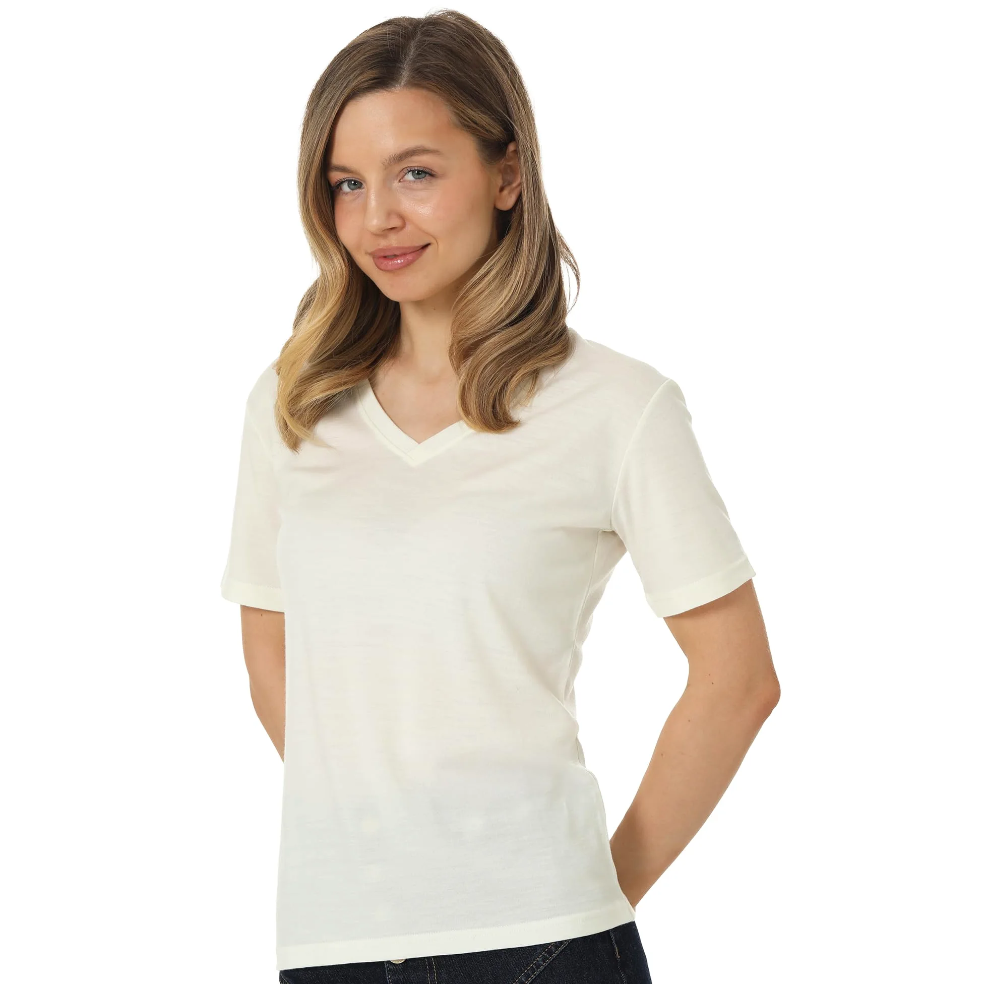 Merino.tech Camiseta Termica Lana Merino Mujer - Ropa Interior Base Layer 100% Lana Merino para Mujer (X-Small, White Creamy V-Neck)