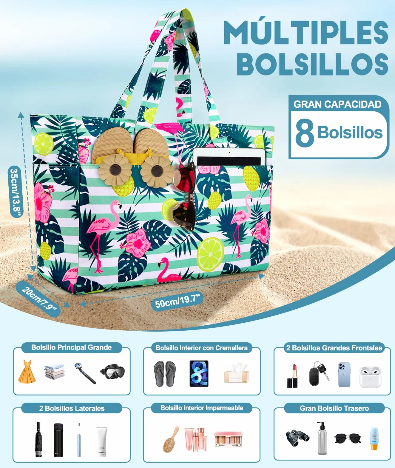 ISEYOU Bolsa Playa, Bolso Playa Mujer Impermeable Con Cremallera 45L, Bolsas Grandes XXL Familiar con 8 bolsillos Plegable Para Viajes, Picnic, Vacaciones