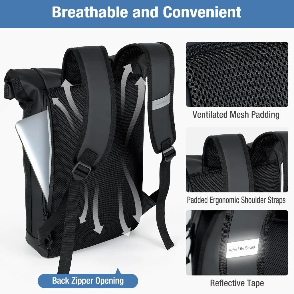 Lekeinchi Mochila Enrollable para Hombre, Mochila Impermeable Mujer para Portátil 17 Pulgadas, Elegante mochila de Viaje Mochilas tipo Casual para Viajes, Ciclismo, Escuela Uni, Negro