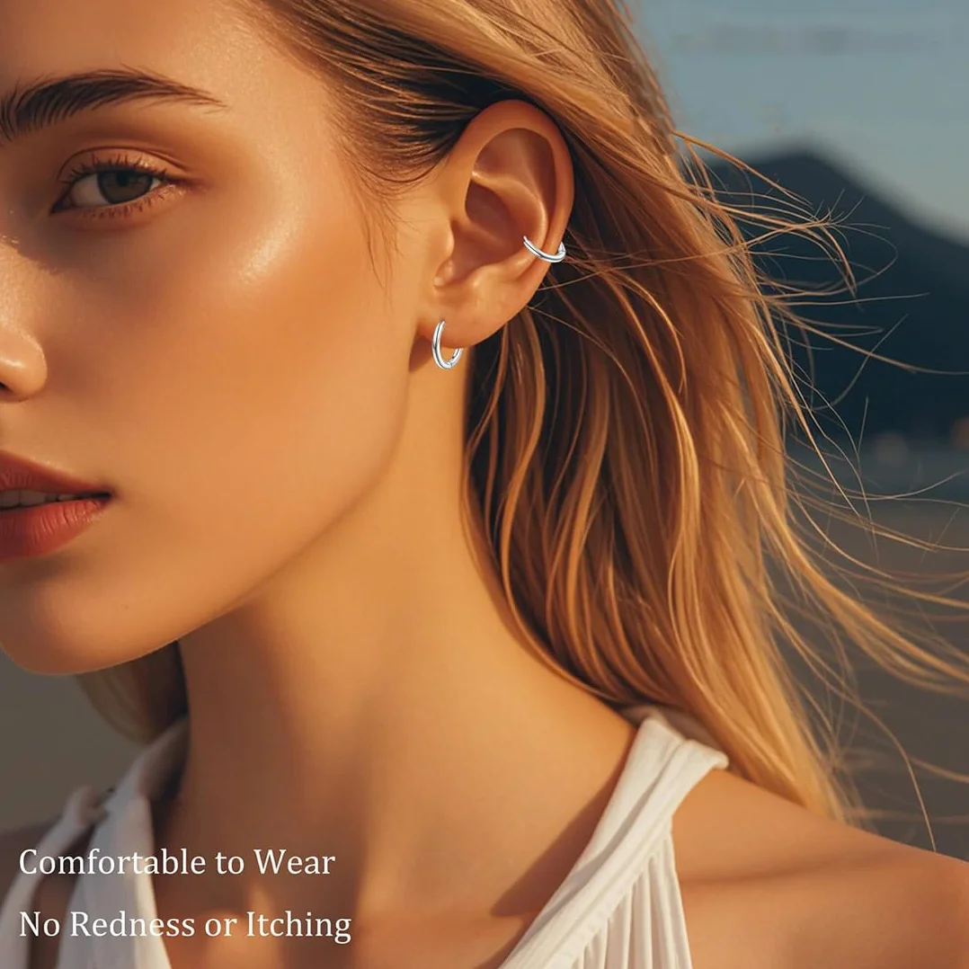 Pendientes de Aro de Plata para Hombres y Mujeres, Acero Inoxidable Hipoalergénico 8-20 mm