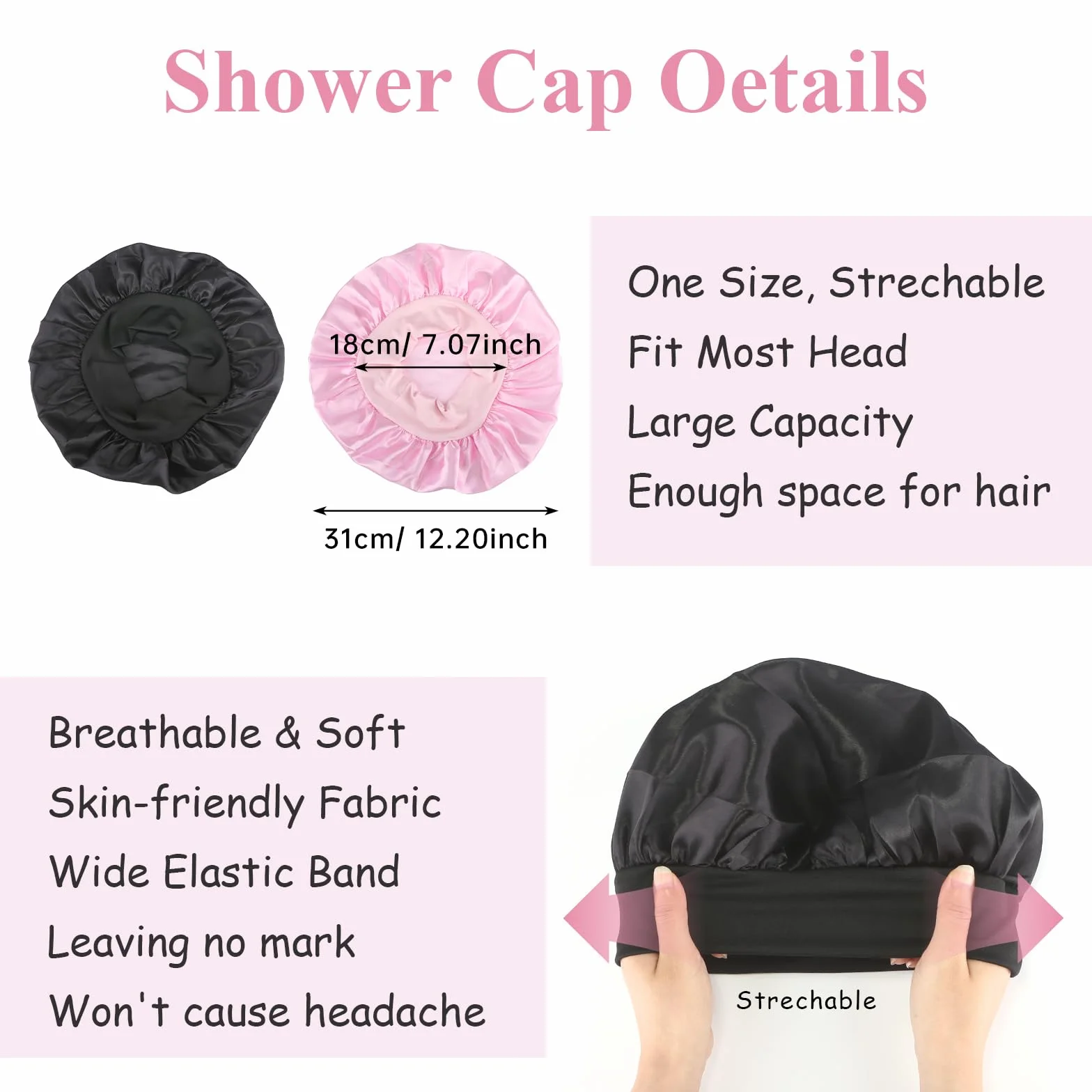 Gorro de Seda para Dormir con Banda Ancha Elástica, Satén, Protección Capilar, Negro y Rosa