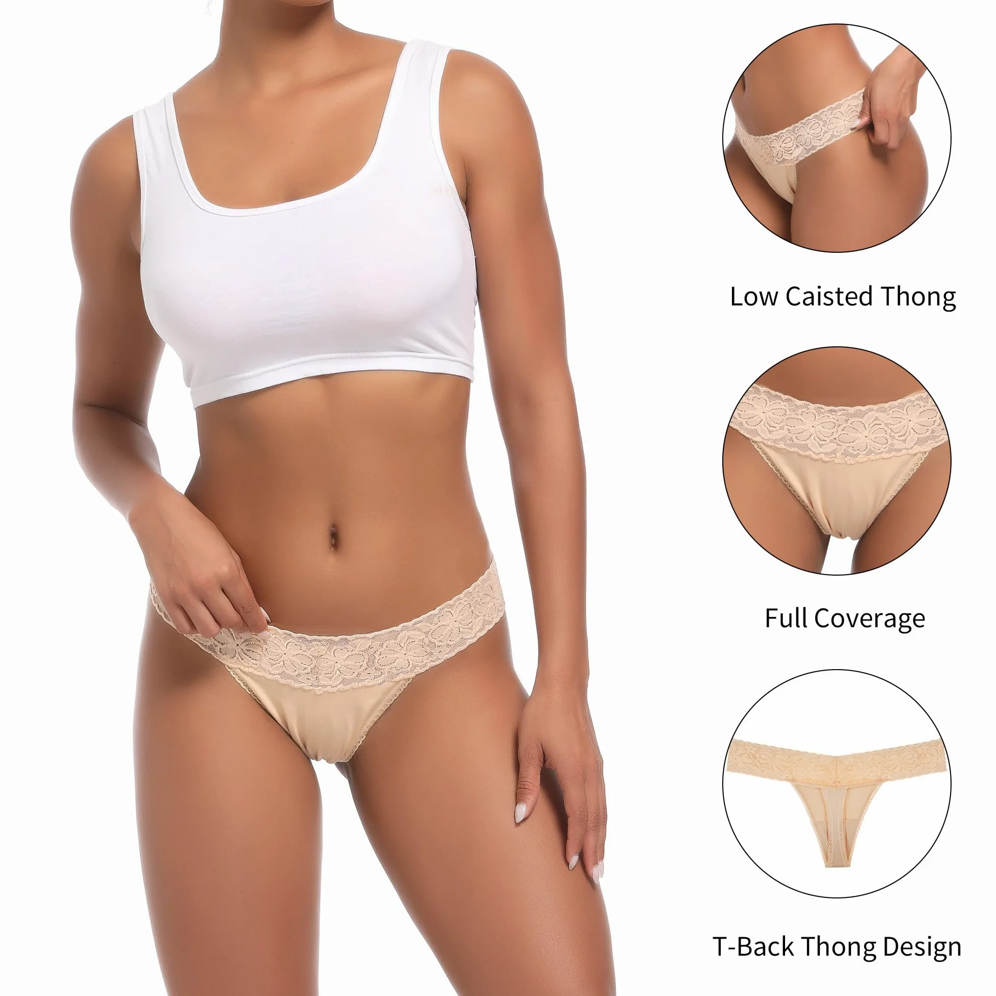 Paquete de 10 tangas de encaje sin costuras para mujer, talla grande, transpirables, talle bajo, espalda en T, de algodón elástico, ropa interior invisible, Tanga de algodón con cintura de