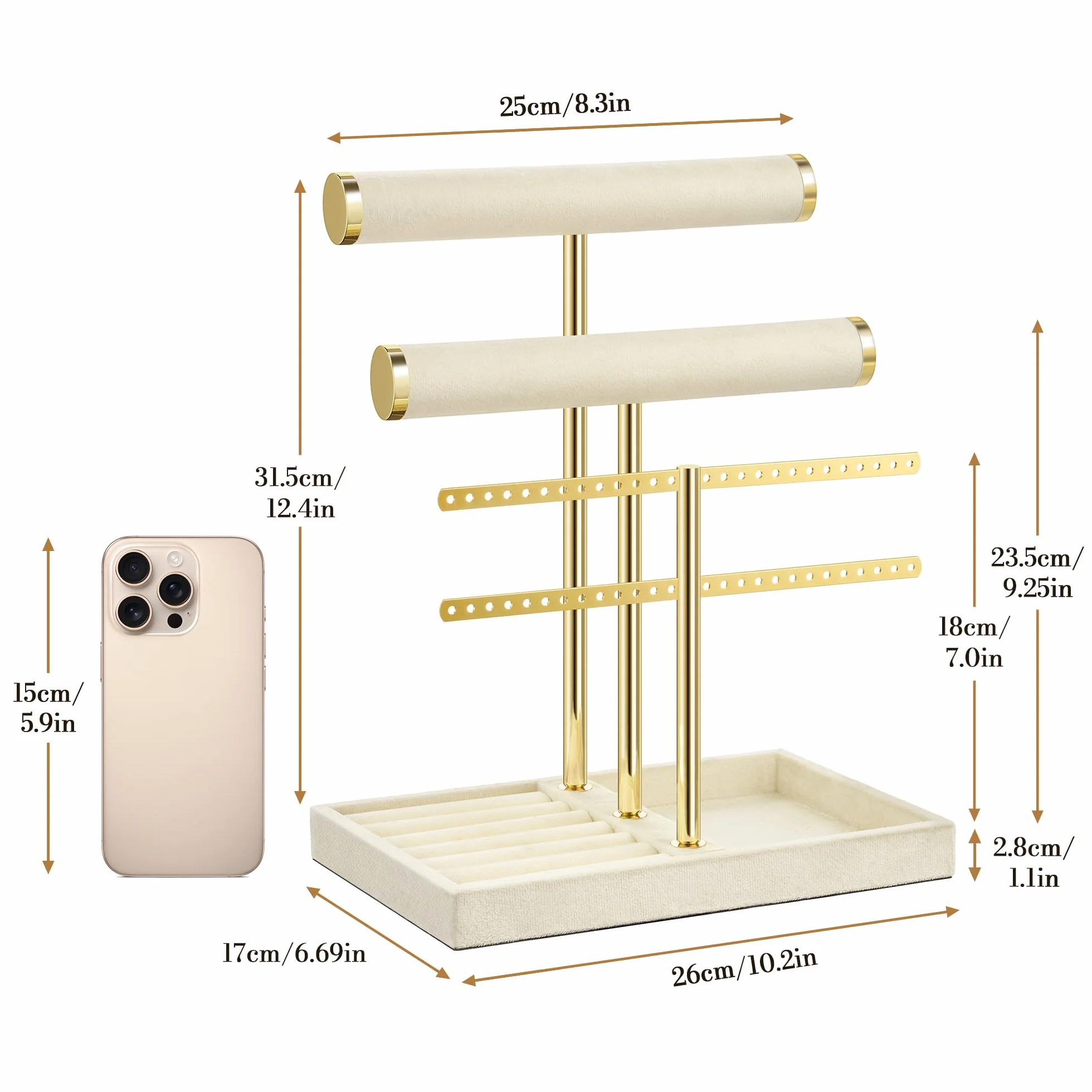 Josmimic Organizador de joyas con 3 niveles – Grande Beige Soporte para joyas pulseras de terciopelo para pulsera, collar, relojes, anillos