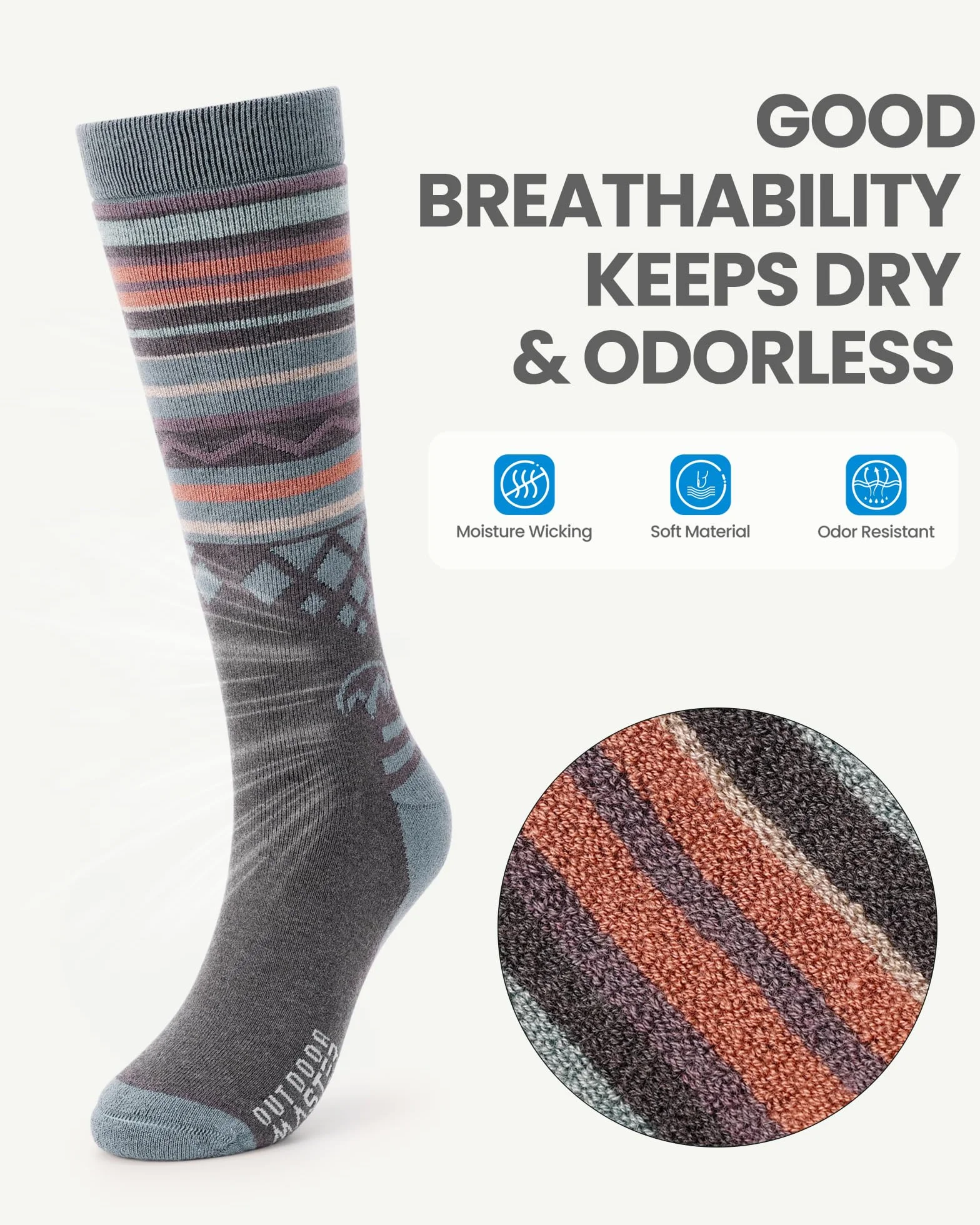 OutdoorMaster Calcetines de Esquí de Lana Merino Unisex para Hombre & Mujer, Calcetines Transpirables de Invierno para Snowboard y Deportes al Aire Libre con Diseño OTC/puño Antideslizante