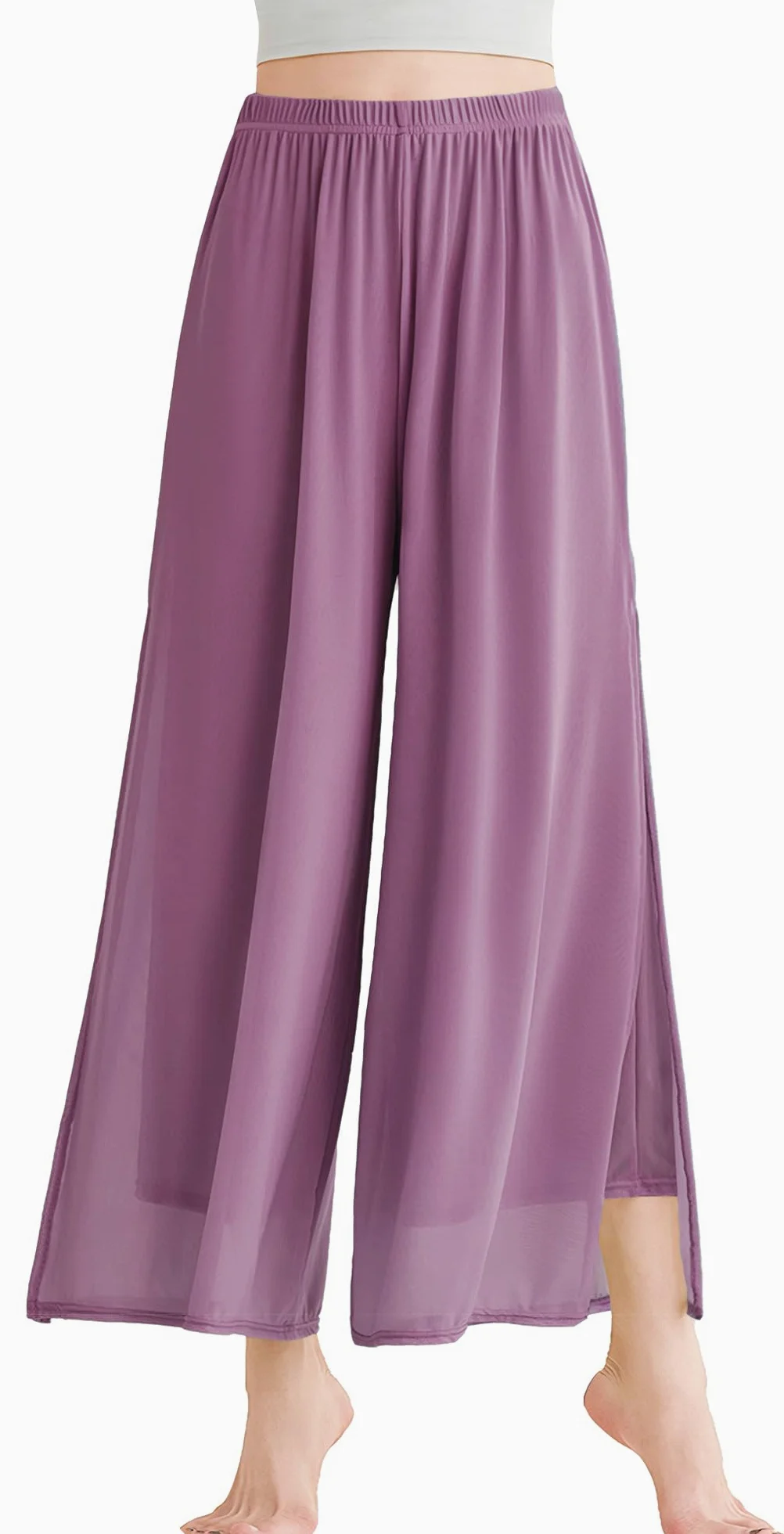 SEAUR Pantalones palazzo fluidos para mujer con abertura lateral, cintura elástica para baile lírico, disfraz clásico contemporáneo