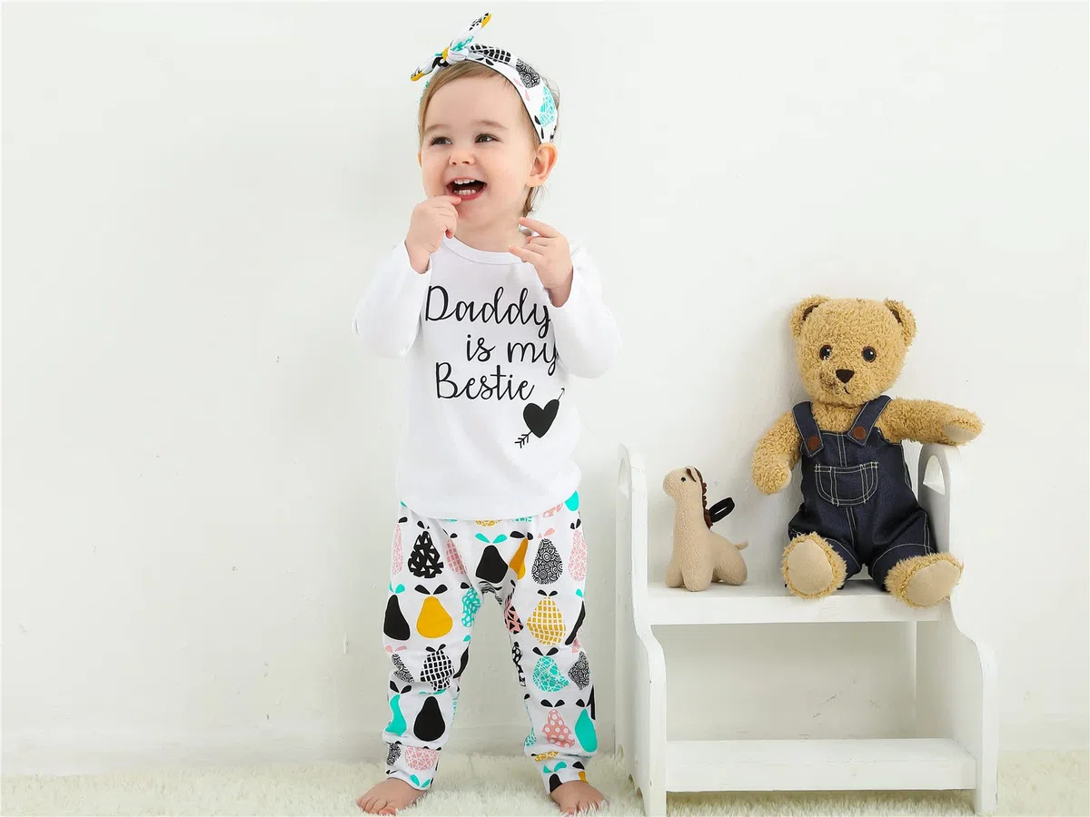 KuKitty Conjunto de 3 piezas para bebé y niña, manga larga, camiseta, blusas, pantalones con diadema
