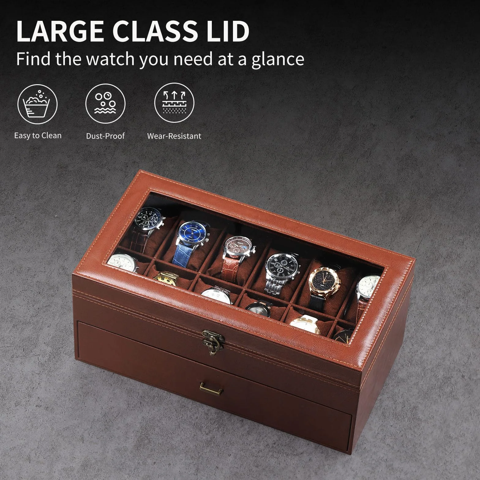 AUTOARK Caja de cuero y terciopelo para 12 relojes y organizador de lentes de sol de 6 piezas, 2 capas con 1 cajón, con cerradura, parte superior de cristal grande, MKAW041