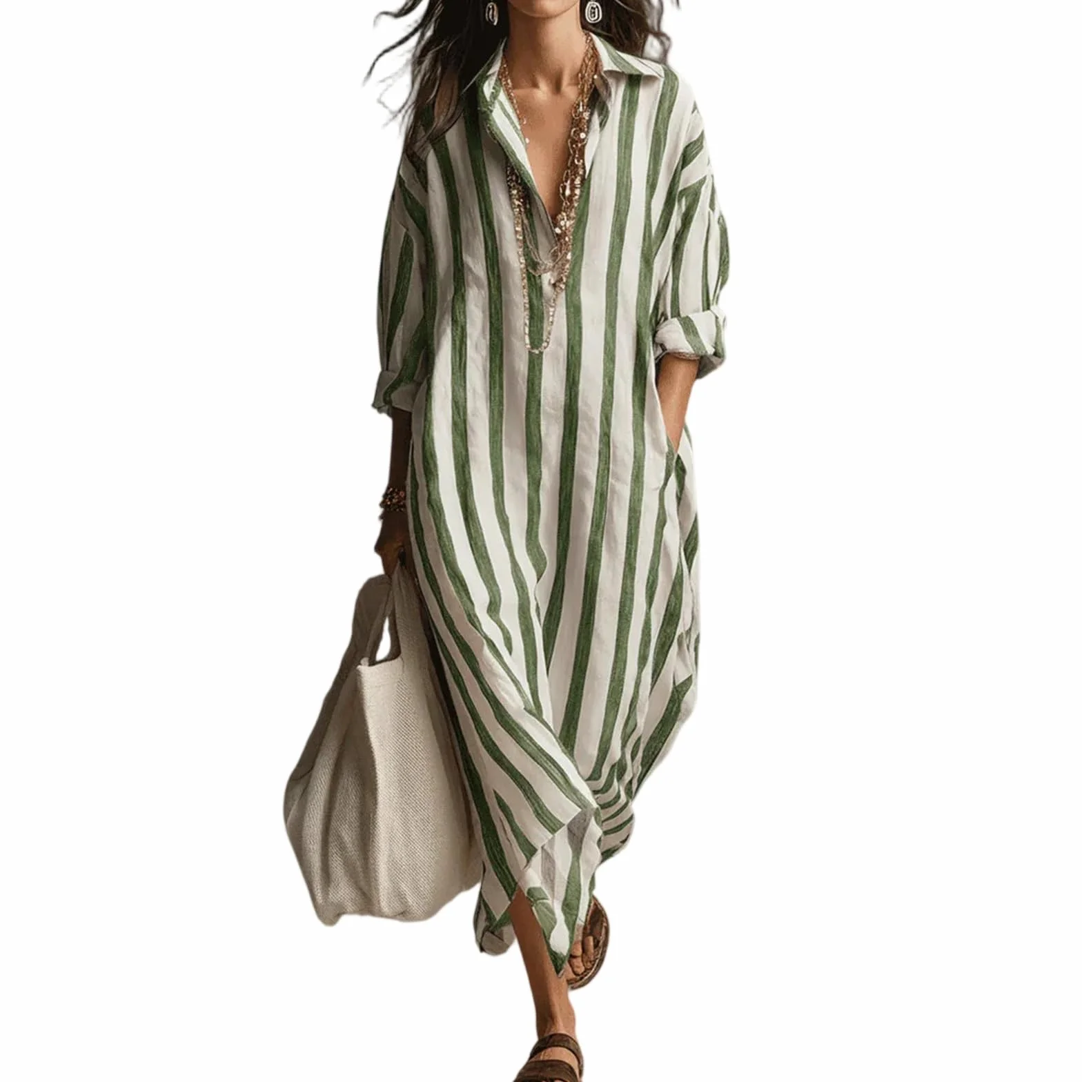 MOKBAY Vestidos Verano Mujer Cuello V Manga Larga Boho Elegante Summer Dresses for Women Beach Casual Dress