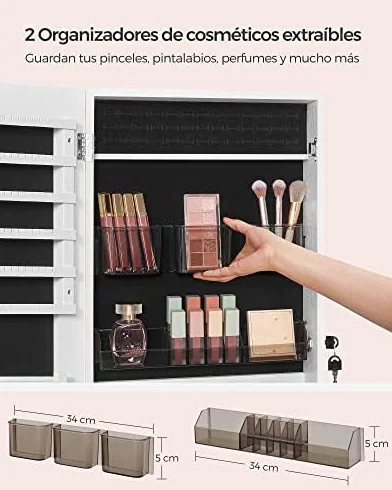 SONGMICS Armario Joyero, Espejo Joyero Montado en la Pared o en la Puerta, Espejo Colgante con Cerradura, 2 Organizadores de Maquillaje de Plástico Extraíbles, Idea de Regalo, Blanco JJC001W01