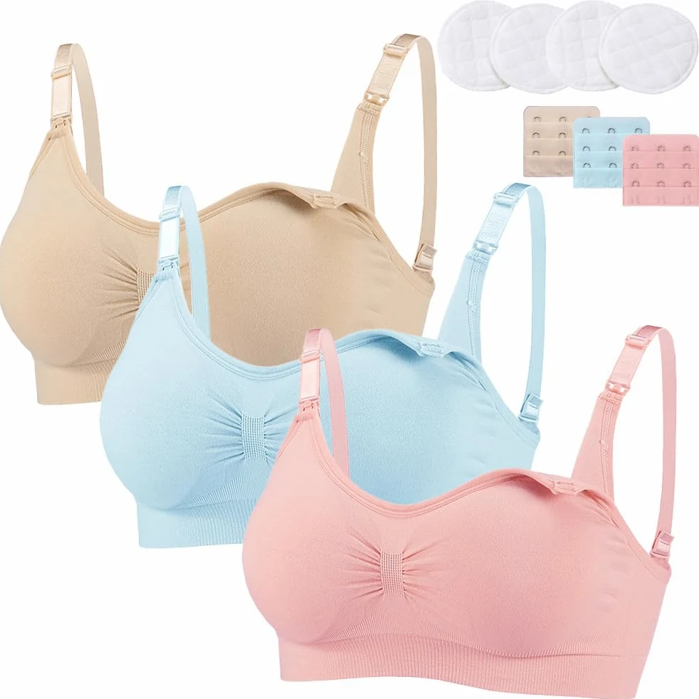 Paquete de 3 Sujetadores de Lactancia para Mujer, Sujetador de Maternidad inalámbrico sin Costuras, Sujetadores de Lactancia, Bralette, Camisola, Sujetadores para Dormir con Almohadillas extraíbles