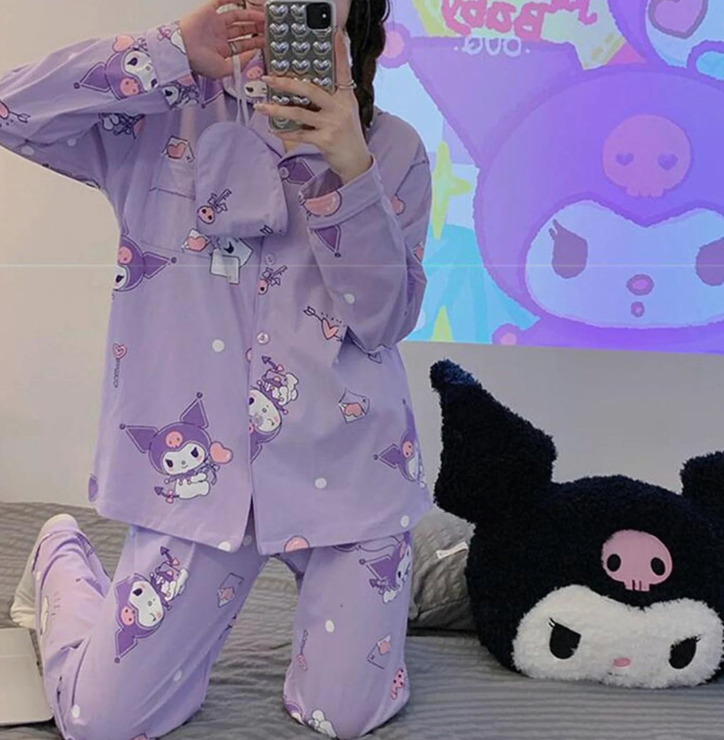 Kawaii Cartoon Pijama Mujer Niña Camiseta de Manga Larga y Pantalón Largo Conjunto 2 Piezas Ropa de Domir para Primavera Verano Morado/1 M