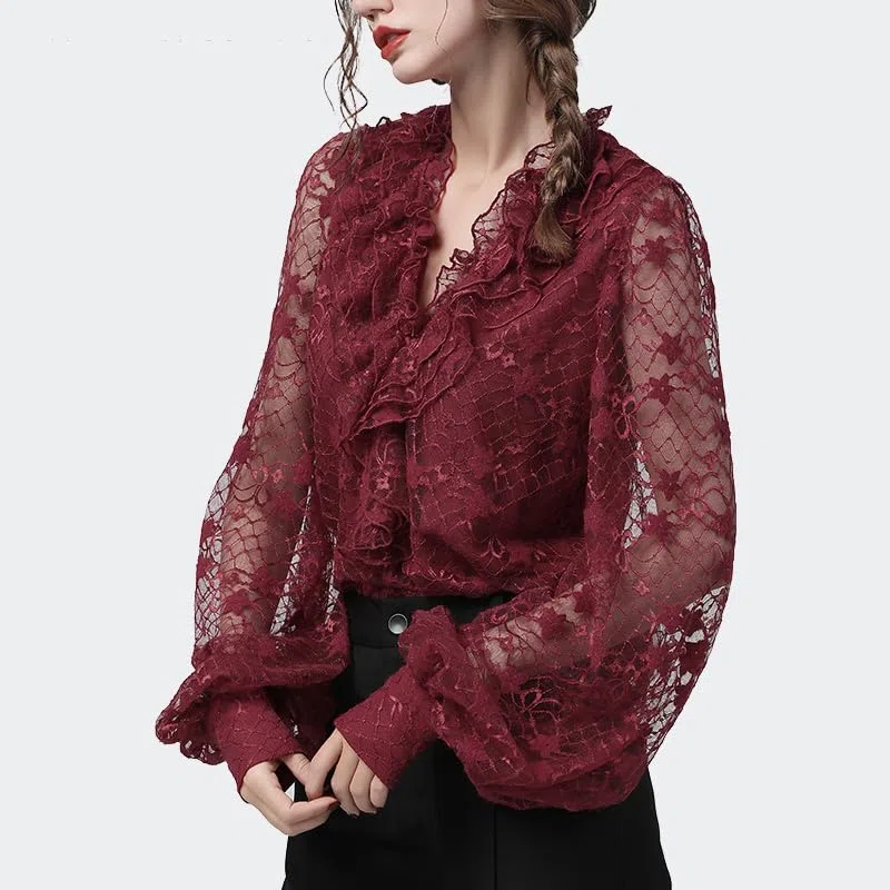 Blusas de Encaje caladas Sexis para Mujer, Blusas holgadas de Talla grande con Mangas abullonadas y Cuello en V, Blusas Informales de Verano para Mujer (Rojo L)