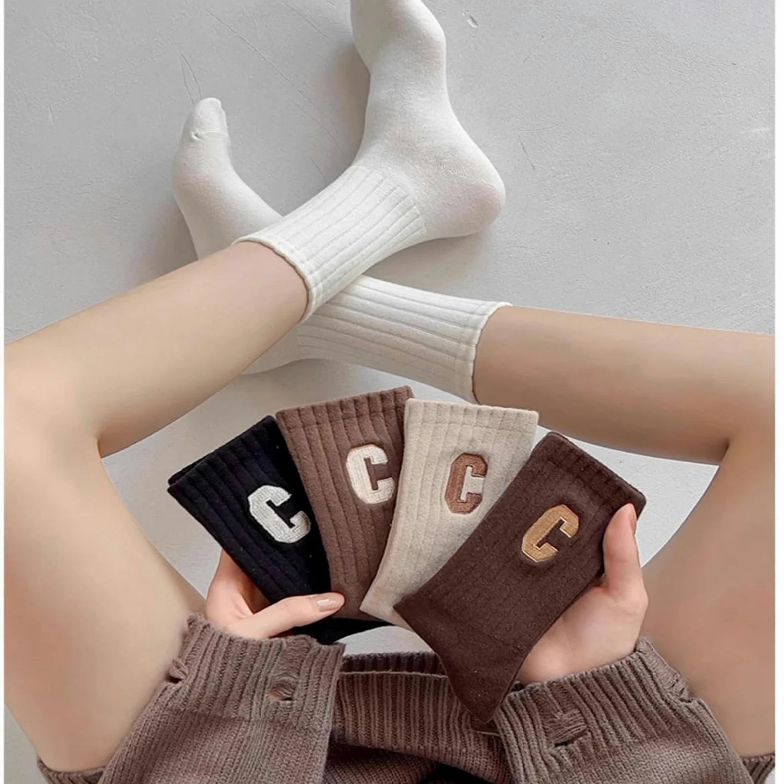 Calcetines Mujer 5 Pares De Calcetines para Mujeres, Medio De Tubo, Primavera Y Otoño, Algodón Puro, Desodorización, Lindas Letras C Calcetines para Mujeres-5 Pares Mixtos-código Promedio