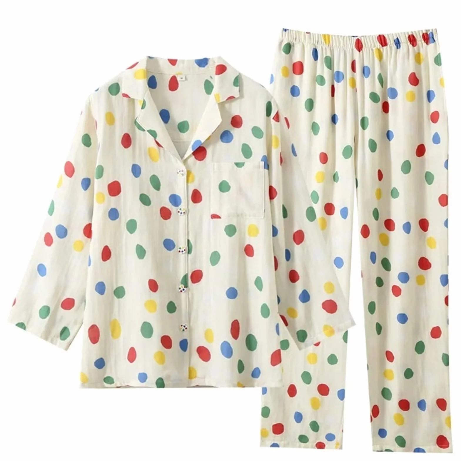 Pijamas de Gasa Doble algodón for Mujer, Ropa Descanso con Cuello Vuelto y Lunares Colores, Pantalones Finos Manga Larga, Conjuntos 2 Piezas para Descanso en casa