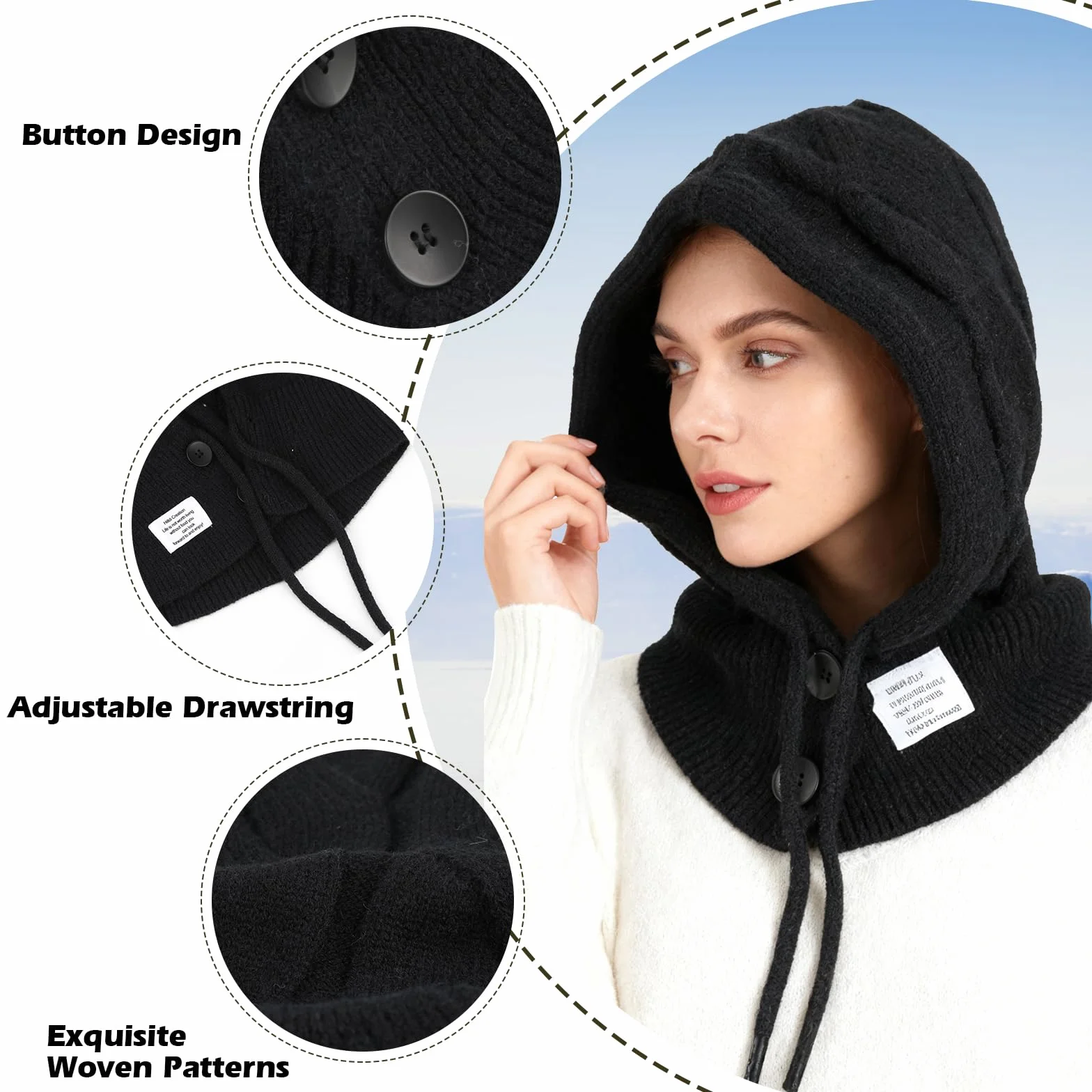 Mujer Invierno Gorro de Punto y Bufanda con Capucha,2 en 1 Térmicos Prueba de Viento Ajustable Pasamontañas,Moda Ocio Pullover Calentador de Cuello para Deportes al Aire Libre Diario Correr