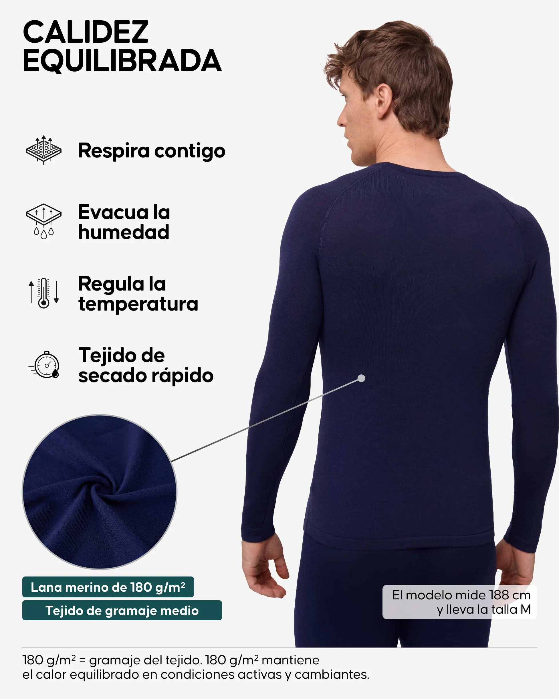 DANISH ENDURANCE Camiseta Térmica Lana Merino Hombre Dark Azul Marino 2XL | Camiseta Térmica de Lana Merino 180g/m², Cálida y Transpirable con Ajuste Ergonómico, para Senderismo, Esquí y Uso en Casa